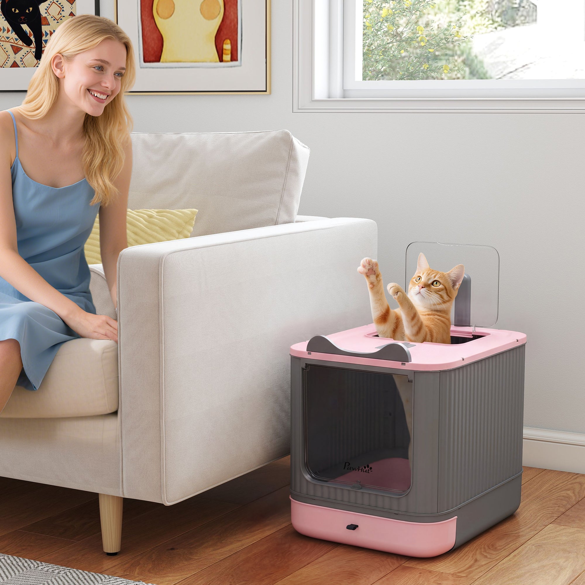 Cat Litter Box with Lid, Enclosed Litter Box for Medium Cats, Front-Entry and Top-Exit, Scoop, Deodorizer Bag, Pink