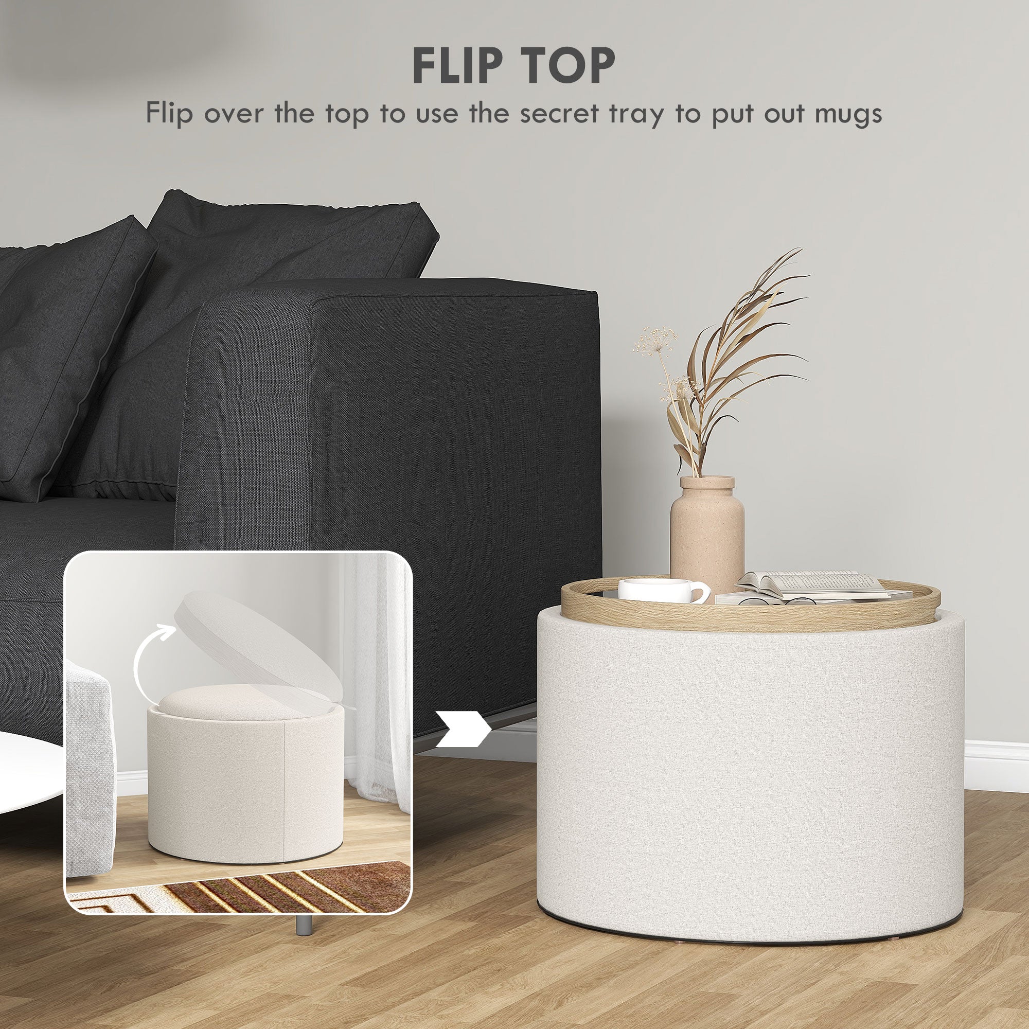 Round Storage Ottoman Coffee Table with Flip Top Tray, Linen Fabric Upholstered Footstool with Hidden Compartment