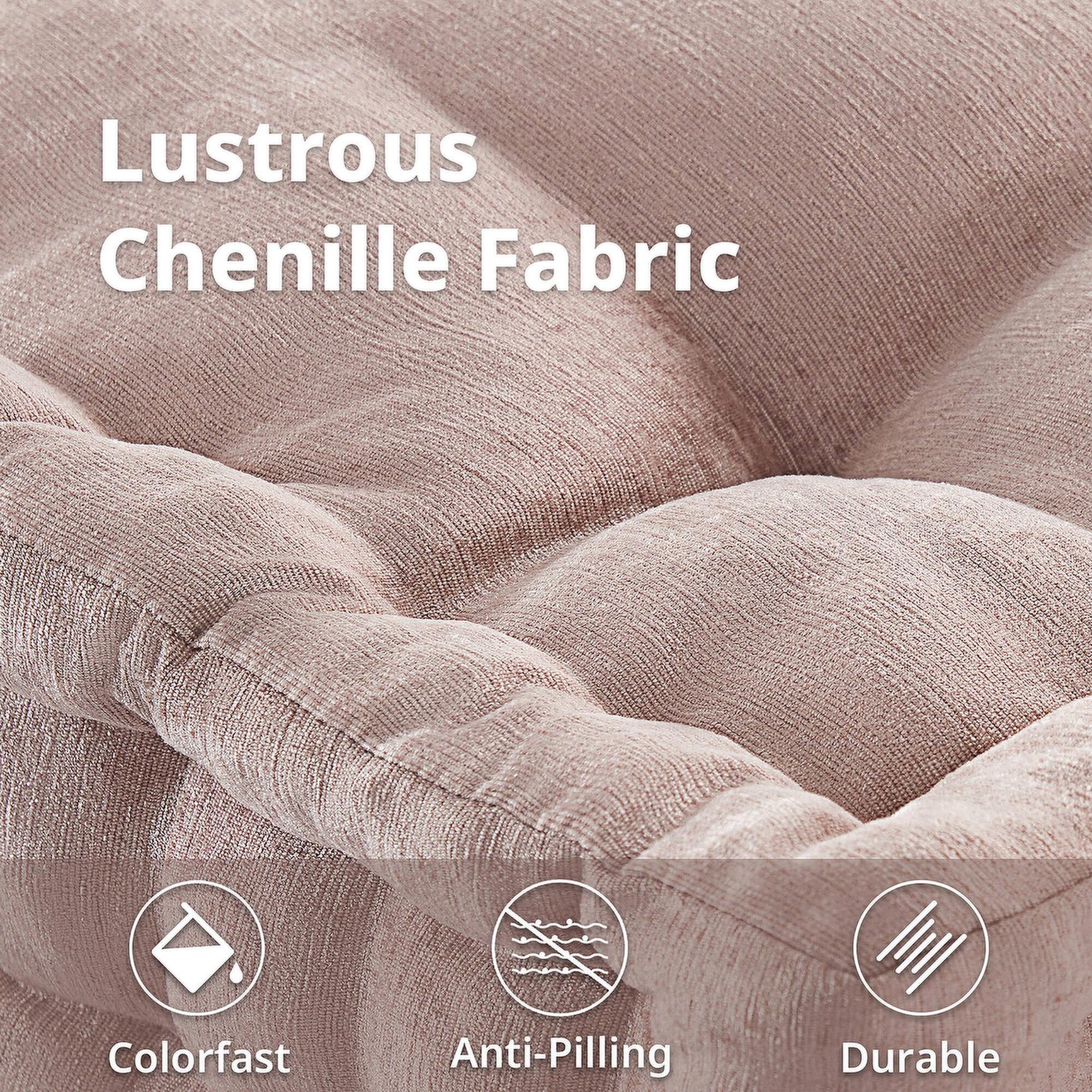Textured Poly Chenille Square Floor Pillow Cushion with Hypoallergenic Polyester, Tufted Detailing, Scalloped Edge, 24" L x 24" W x 5" H, Blush