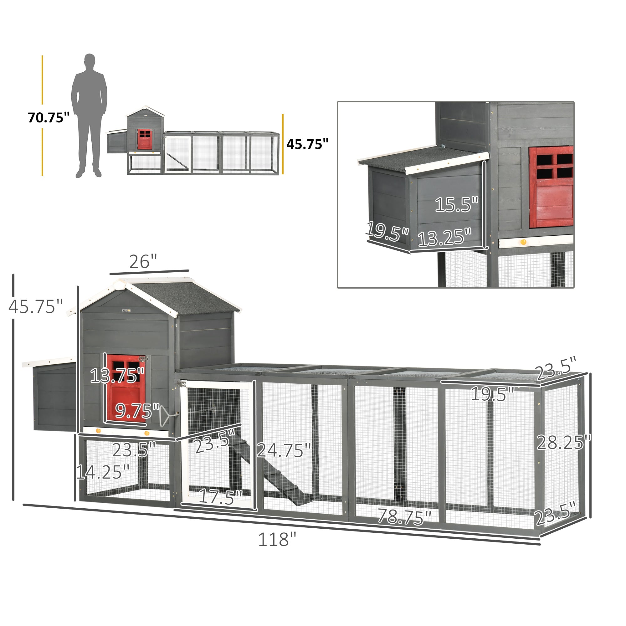 118" Extra Large Chicken Coop with Asphalt Roof, Wooden Hen Run with Slide-Out Tray and Nesting Box, Chicken Hutch for 3-6 Chickens, Gray
