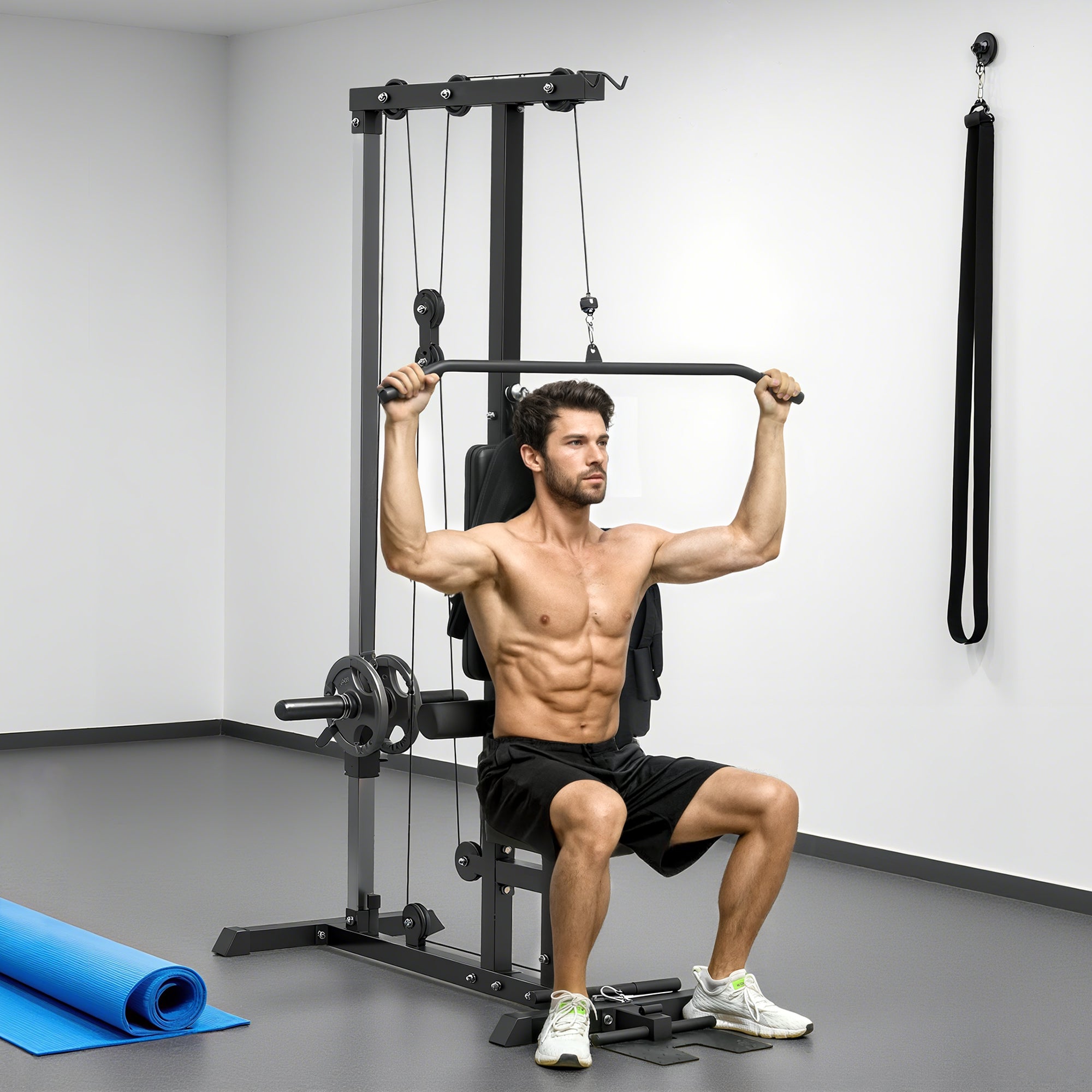 Lat Pull Down Machine, High / Low Pulley Machine with Adjustable Seat and Flip-Up Footplate, Black