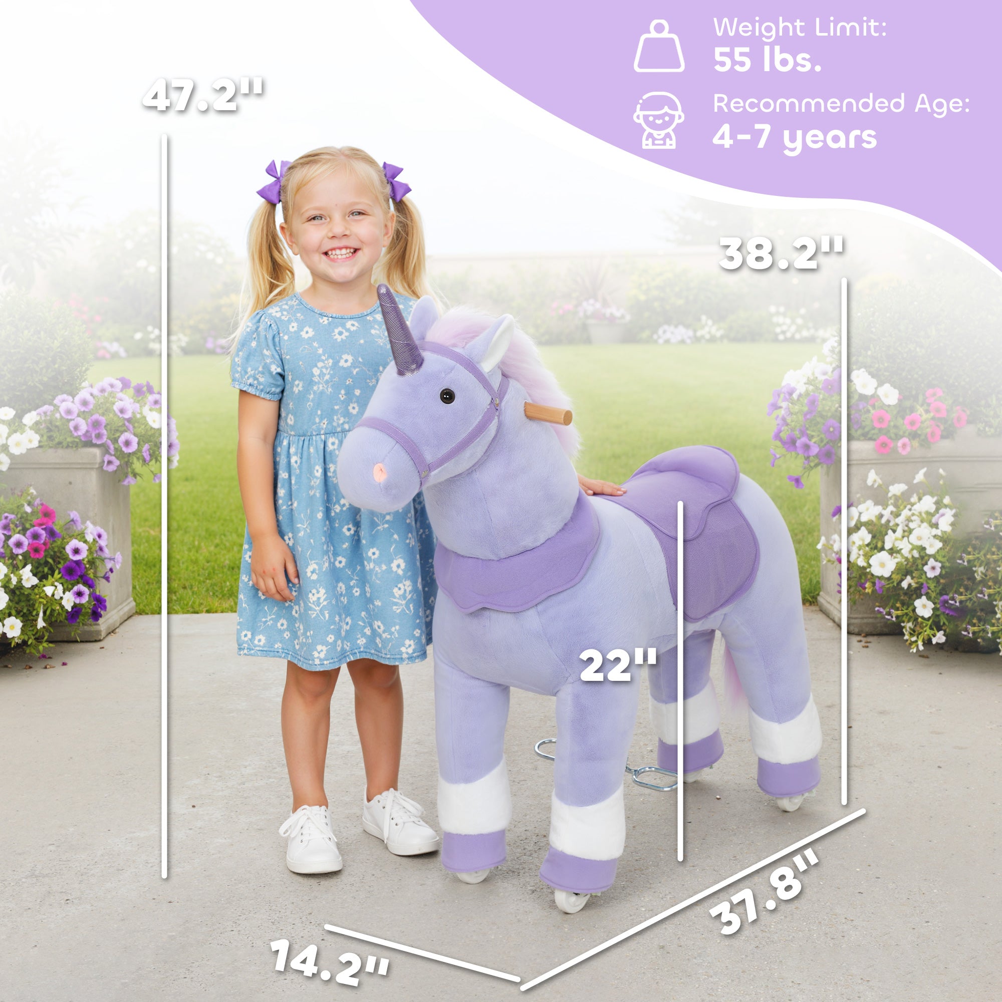 Ride on Unicorn Toy for Kids 4-7 Years, 37.8 Inch Plush Baby Rocking Horse with Wheels, No Battery Required, Purple