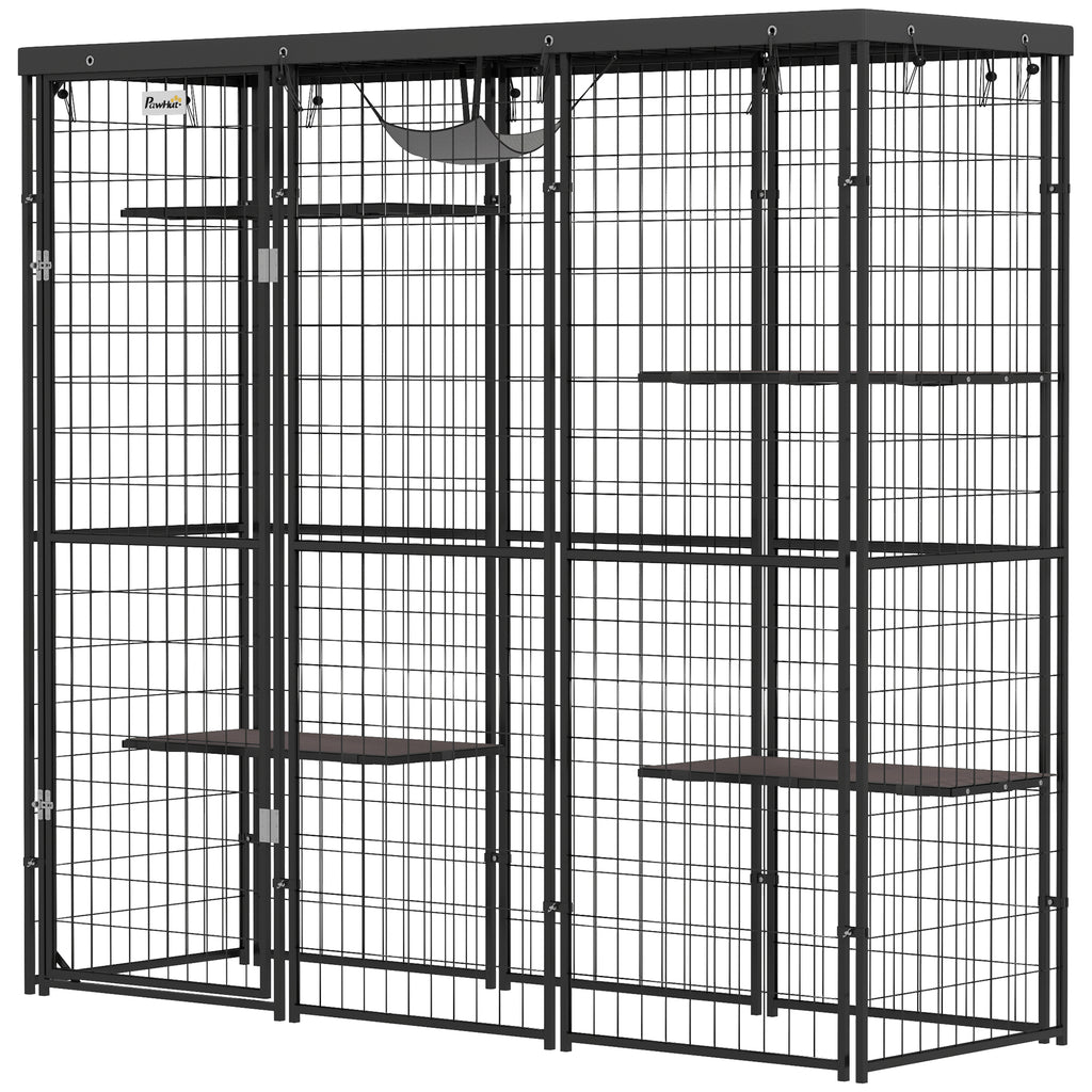 Weld Wire Catio Outdoor Indoor with Waterproof Cover, 4 Jumping Platforms, Hammock, for 1-3 Kittens, 69" x 22" x 62"