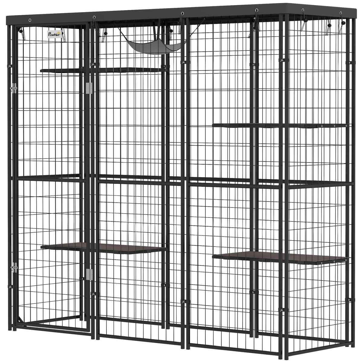 Weld Wire Catio Outdoor Indoor with Waterproof Cover, 4 Jumping Platforms, Hammock, for 1-3 Kittens, 69" x 22" x 62"