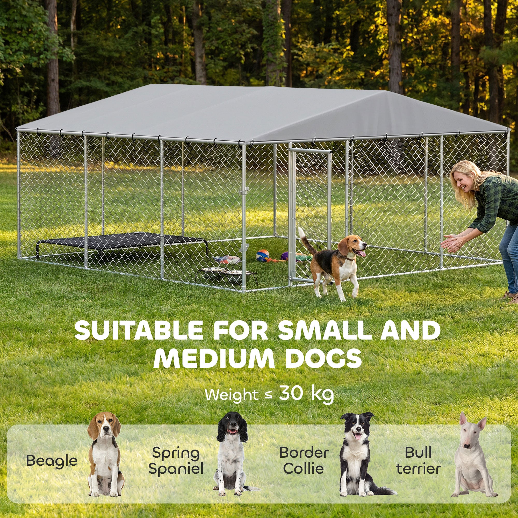 13' x 13' x 6.5' Dog Kennel Outdoor for Small Medium Dogs with Waterproof Roof, Silver