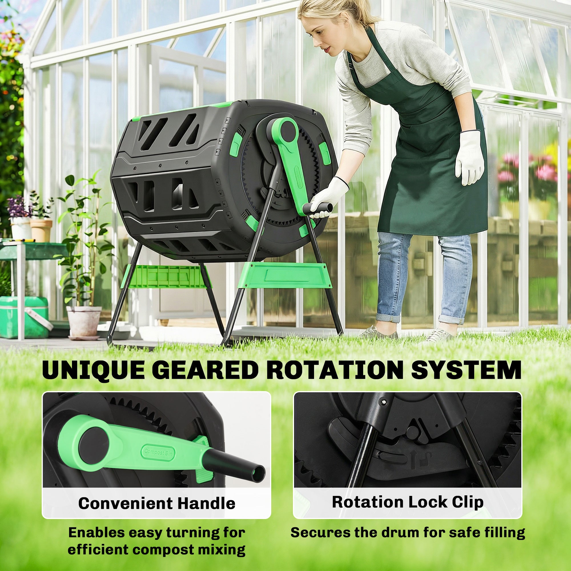 Compost Bin Outdoor, 53 Gal Dual Chamber Tumbling Composter with Adjustable Vents, BPA Free Tumbling Composter, Green
