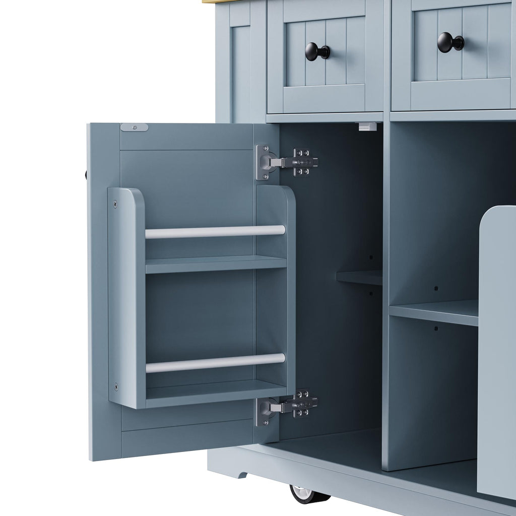 Kitchen Island Cart with Drop Leaf, Power Outlet, Internal Storage Rack, Rolling on 5 Wheels, Adjustable Shelves, and Bamboo Sticks, Gray+Blue