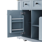 Kitchen Island Cart with Drop Leaf, Power Outlet, Internal Storage Rack, Rolling on 5 Wheels, Adjustable Shelves, and Bamboo Sticks, Gray+Blue