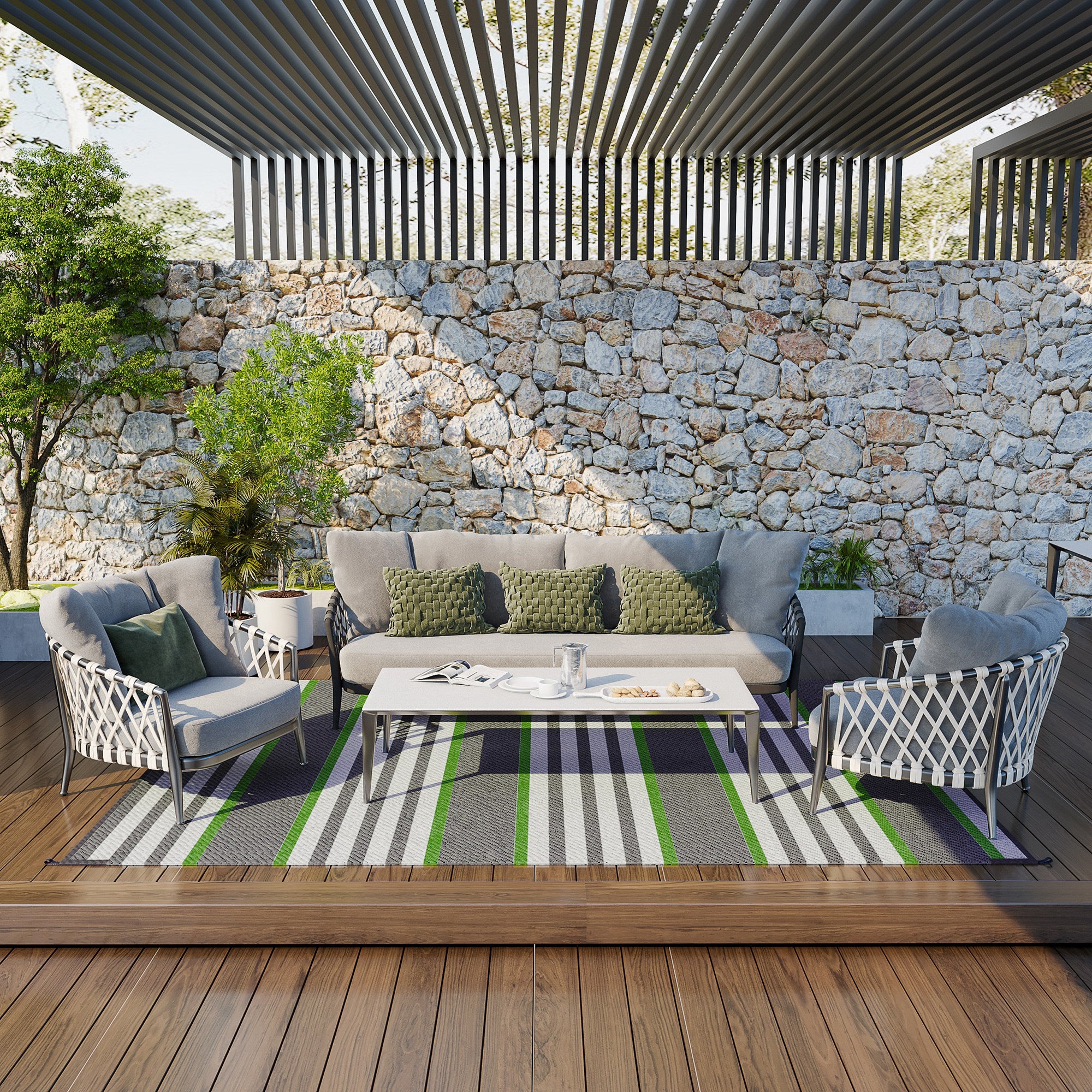 Reversible Outdoor Rug, 9' x 12' Waterproof Plastic Straw Floor Mat, Portable RV Camping Carpet, Large Floor Mat for Backyard, Deck, Picnic, Beach, Green & Gray Stripes