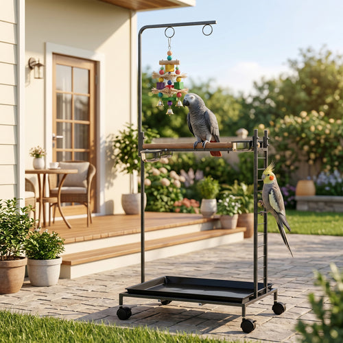 Bird Stand with Wheels Parrot Stand with Slide-out Tray Stainless Steel Bowls for Indoor Outdoor Dark Gray