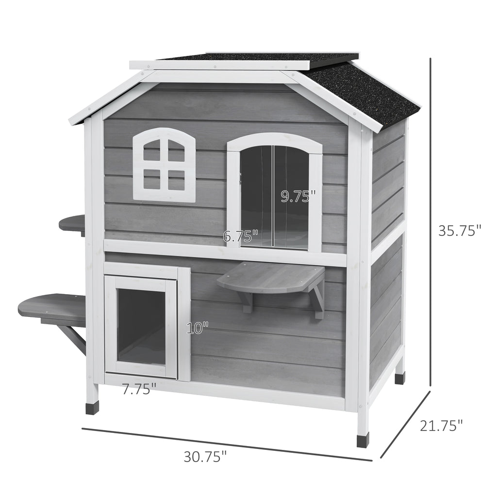 2-story Cat House Outdoor, Weatherproof Wooden Cat Enclosure for Feral Cats with Escape Door, Openable Roof, Jumping Platforms, Gray