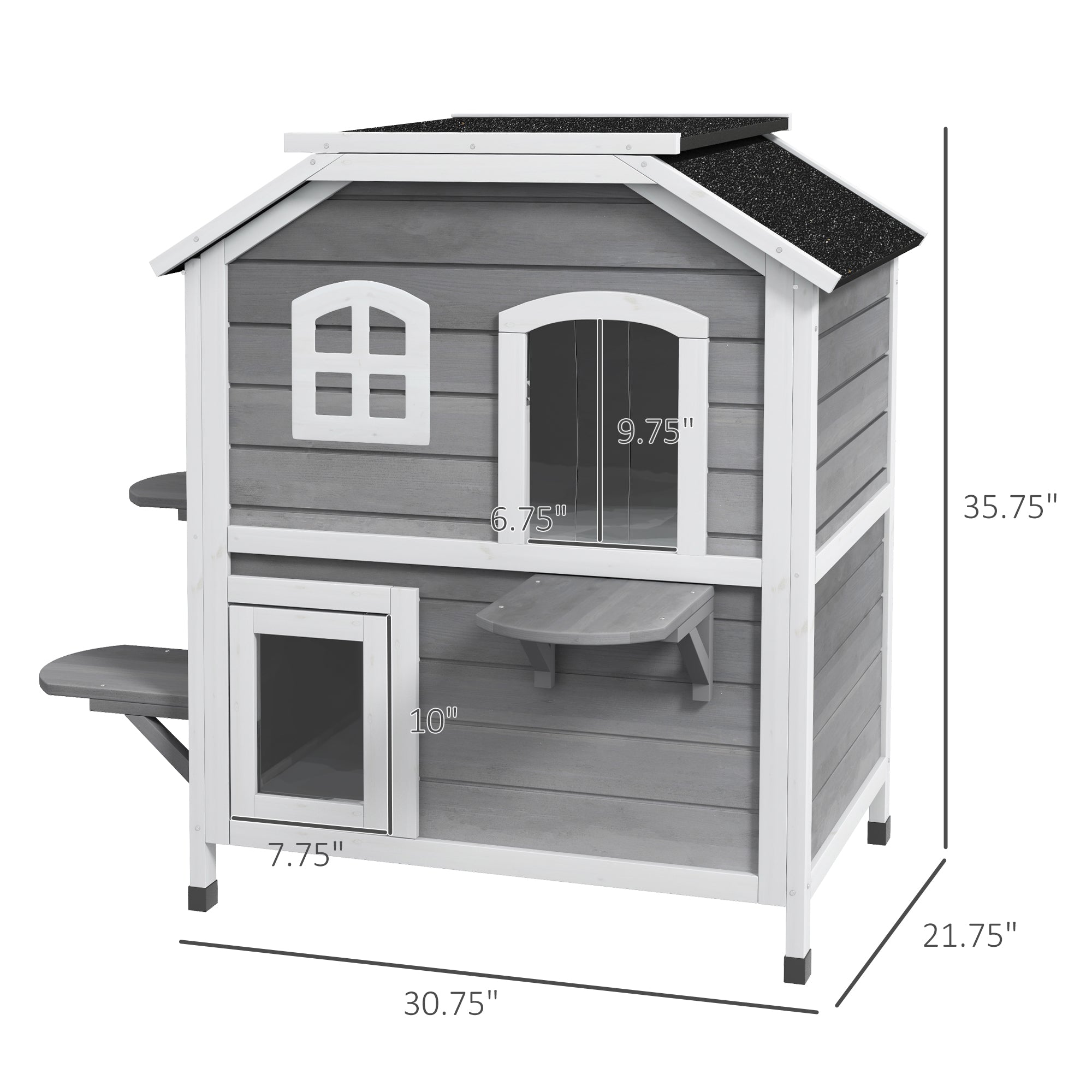 2-story Cat House Outdoor, Weatherproof Wooden Cat Enclosure for Feral Cats with Escape Door, Openable Roof, Jumping Platforms, Gray