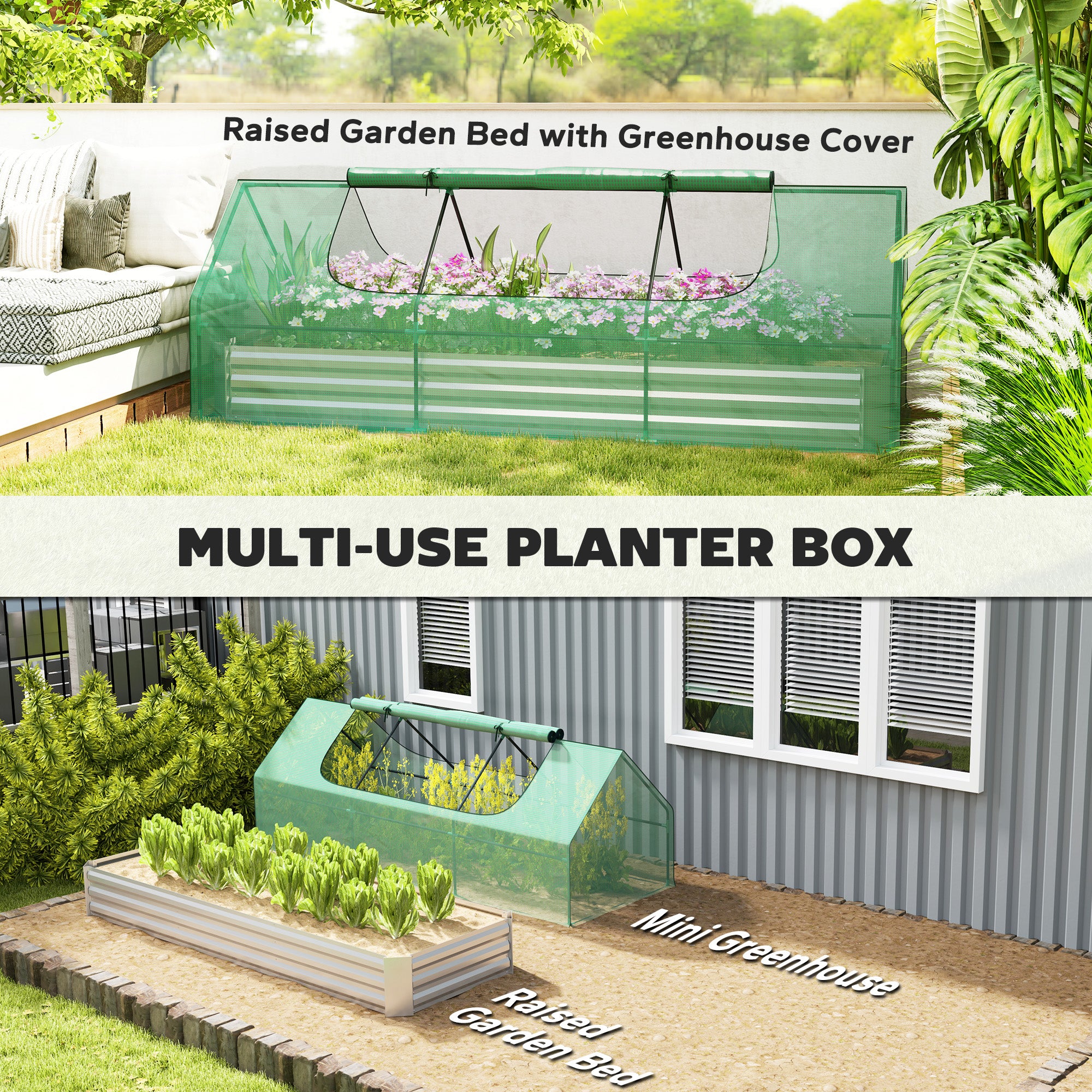 8.6 x 3 x 1ft Metal Planter Box with Mini Greenhouse, Galvanized Raised Garden Bed with Cover for Herbs and Vegetables, Small Greenhouse for Patio Garden Balcony, Green and Silver