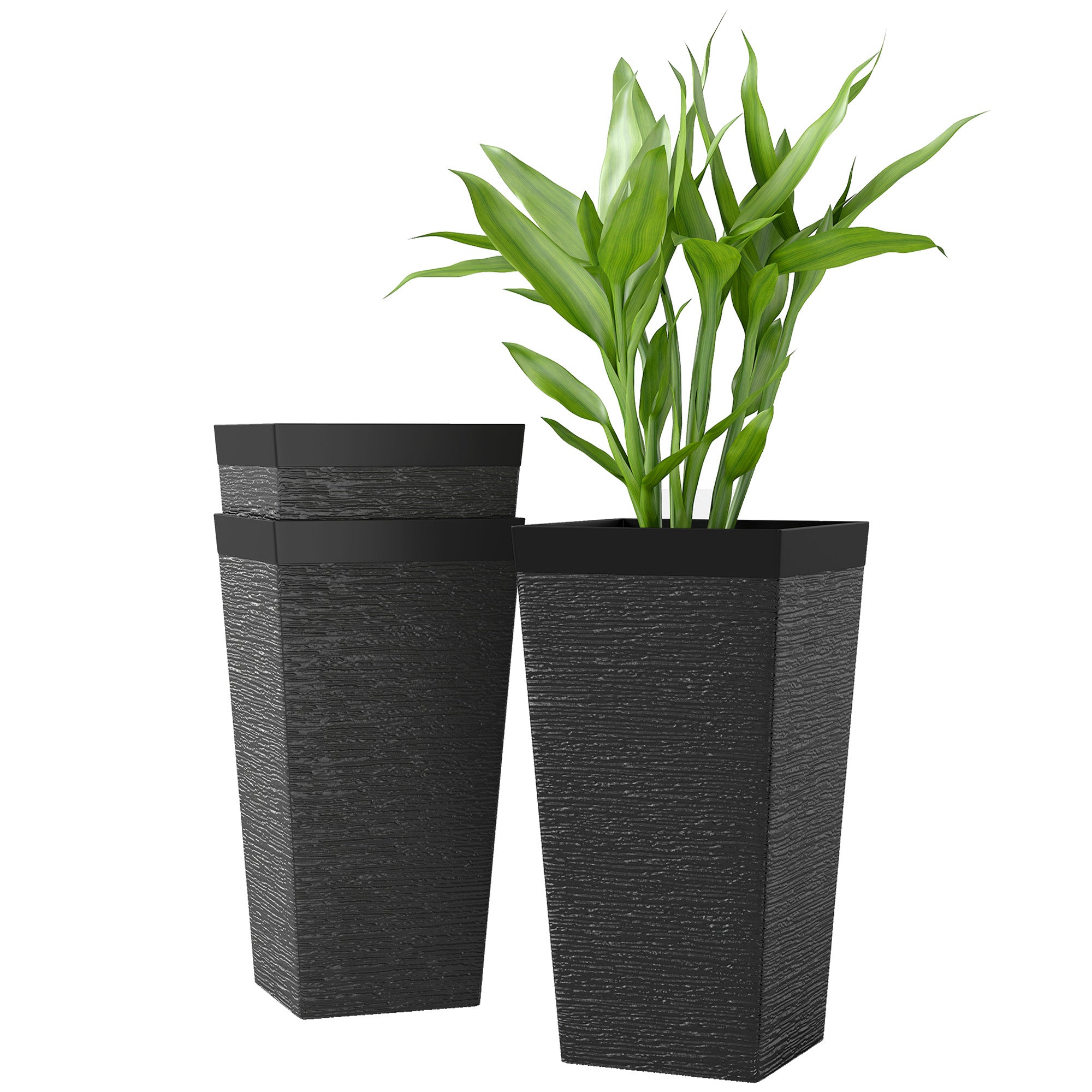 22.8 Inch Set of 3 Outdoor Planters with Stone Finish and Wheels, Stackable Tapered Planters with Drainage Hole, Black