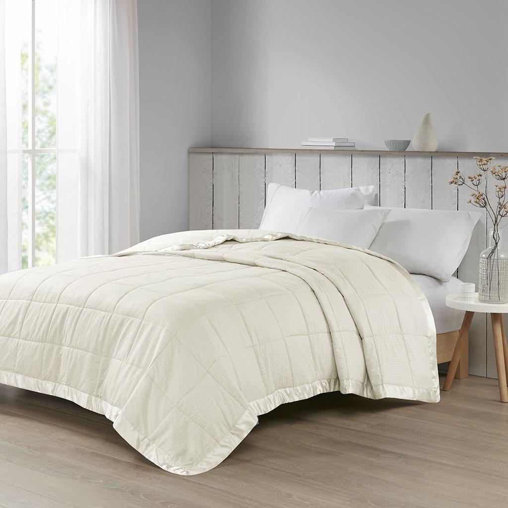 Hypoallergenic Oversized Down Alternative Blanket with Satin Trim, Moisture Management, Ideal for King Size Beds, 108" L x 96" W x 0.25" H, Ivory