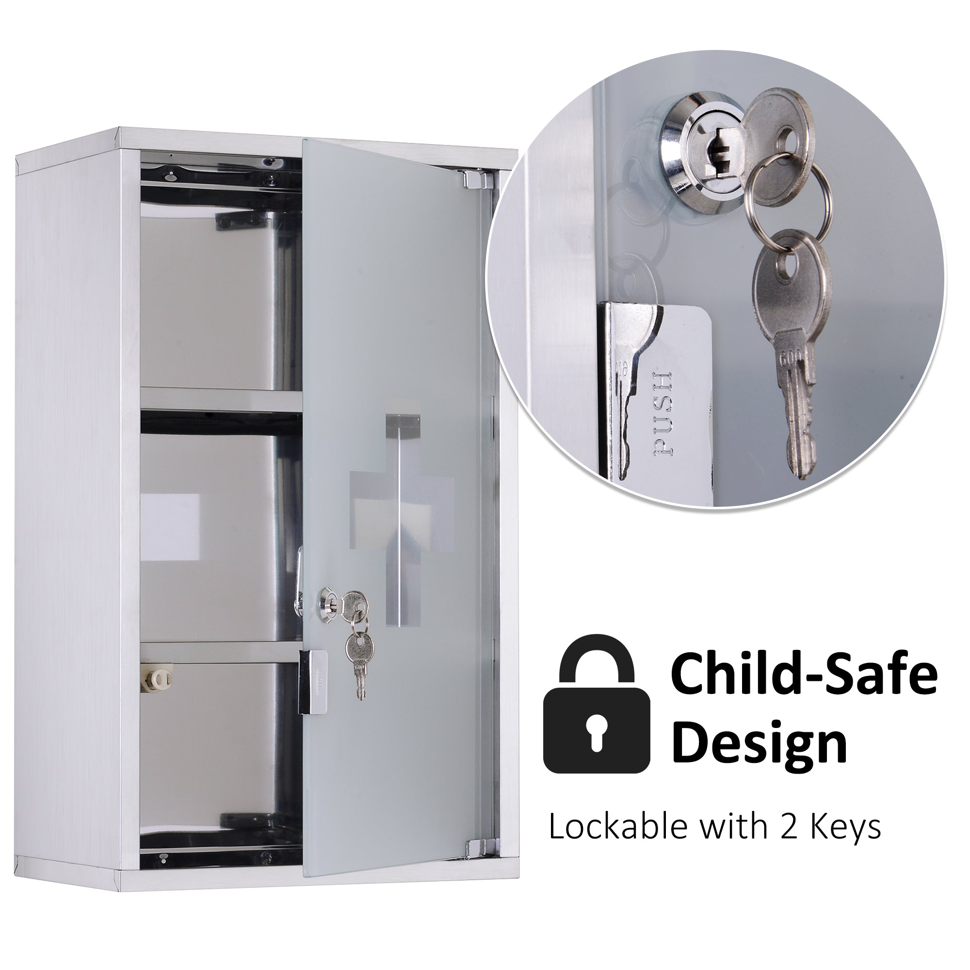 12" x 20" Lockable Medicine Cabinet, 3 Tier Stainless Steel Medical Wall Box with 2 Keys and Shelves for Bathroom