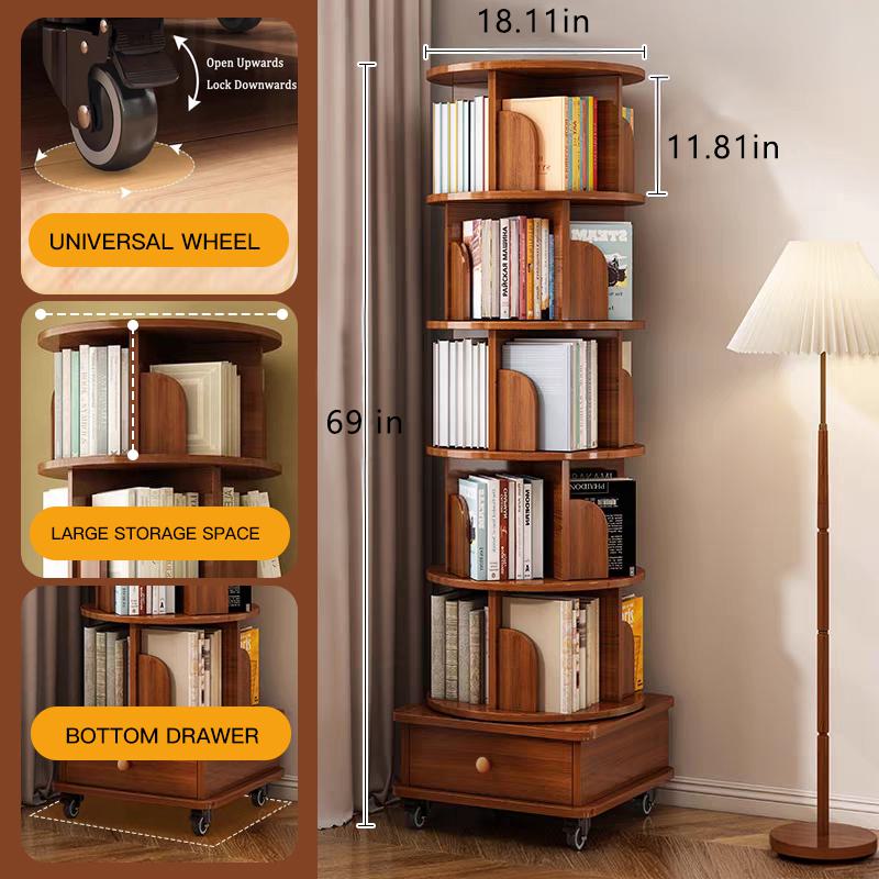 6-Tier Rotating Bookshelf with Wheels, 360° Display Corner Bookcase, Wood Organizer for Study Room, 18″ L x 18″ W x 69″ H, Walnut Brown