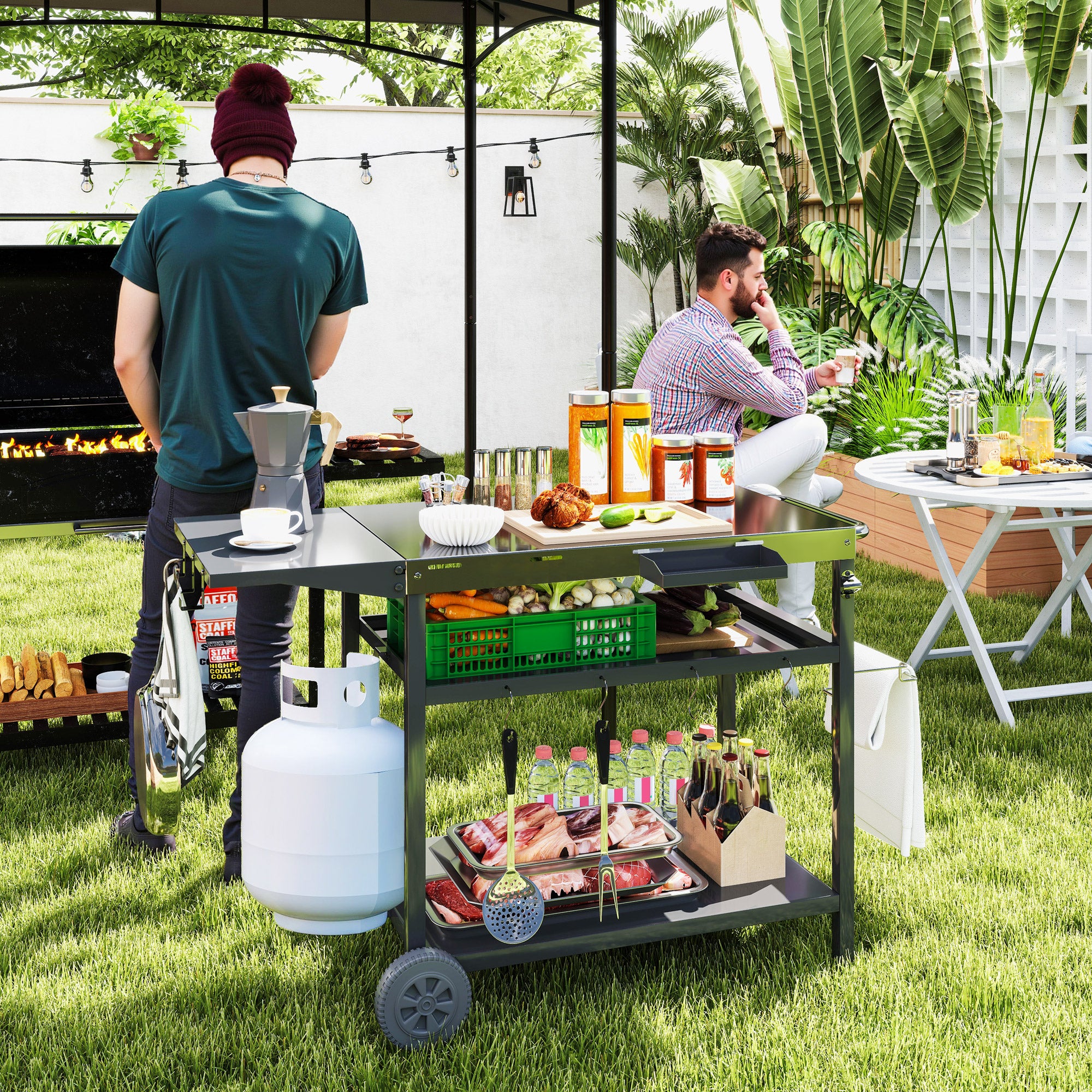 Outdoor Bar Cart Grill Table with Stainless Steel Tabletop, Wheeled Outdoor Serving Cart Prep Table with Storage, Hooks
