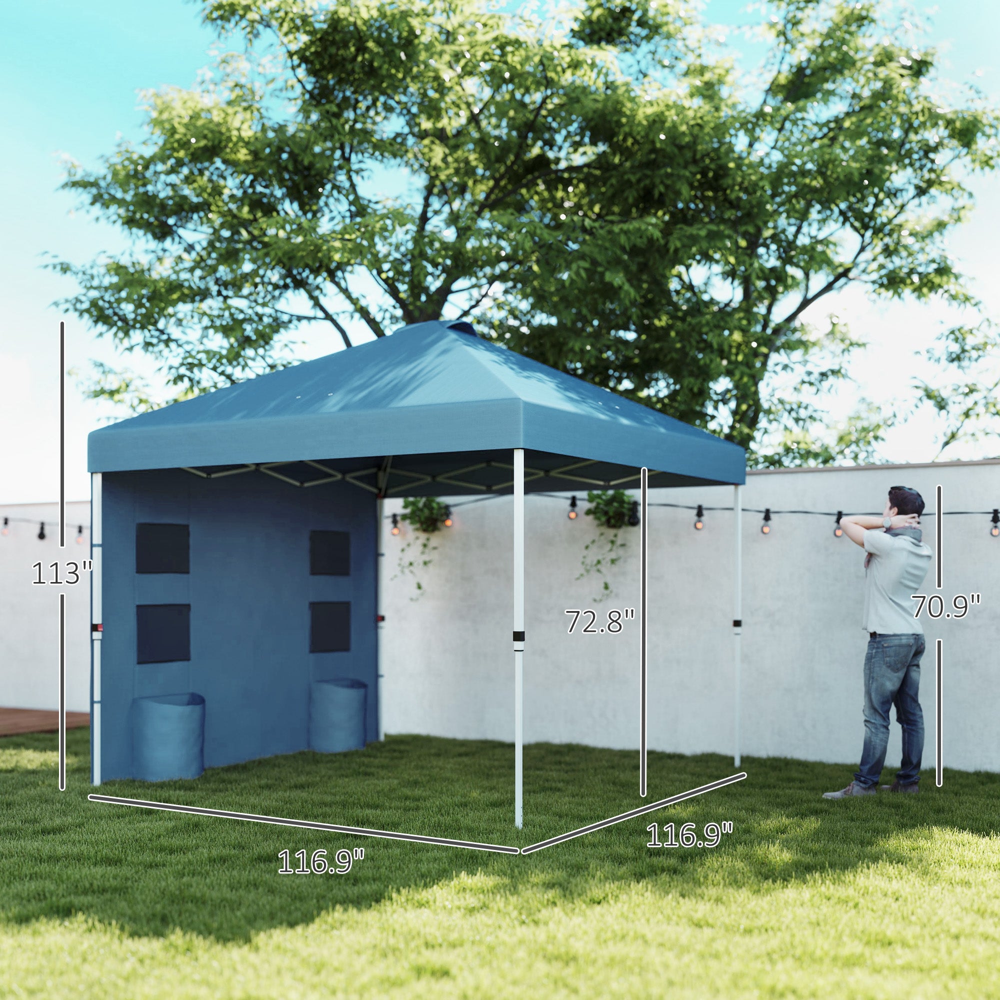10' x 10' Pop Up Canopy Tent w/ Sidewall, UPF50+ Height Adjustable Instant Sun Shelter w/ Storage Pockets, Sea Blue