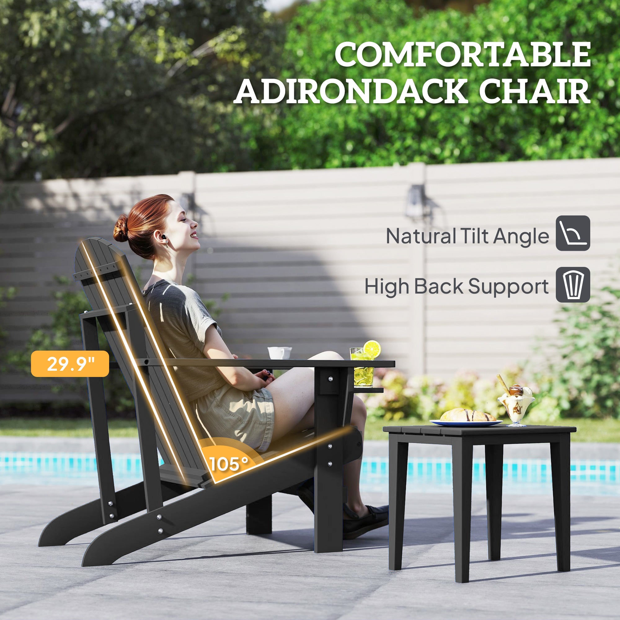 Oversized Adirondack Chair, Outdoor Fire Pit and Porch Seating, Classic Log Lounge w/ Built-in Cupholder, Black