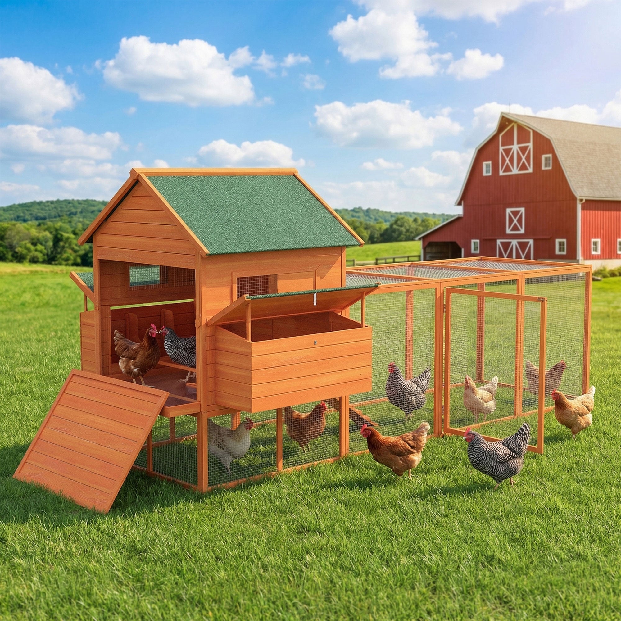 137" Wooden Chicken Coop for 4-6 Chickens, Backyard, Orange