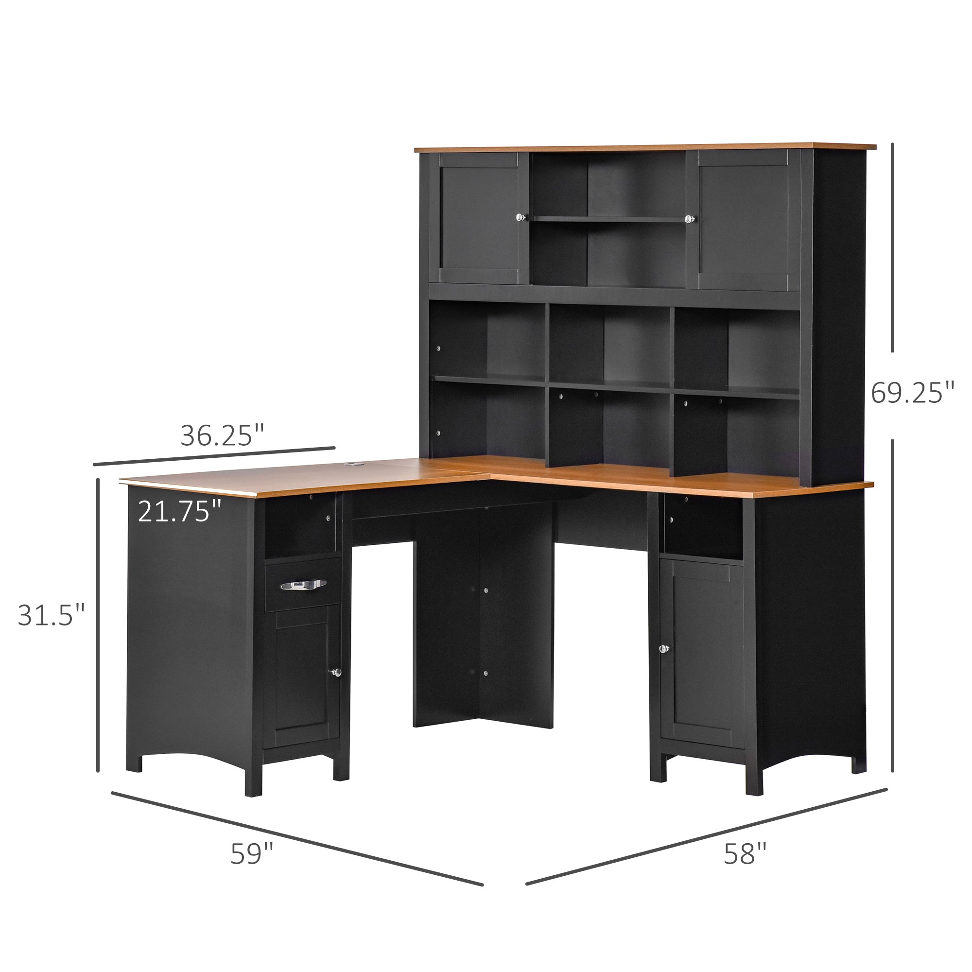 L Shaped Computer Desk with Hutch, 59" Corner Desk, Space Saving Home Office Desk with Storage, Black