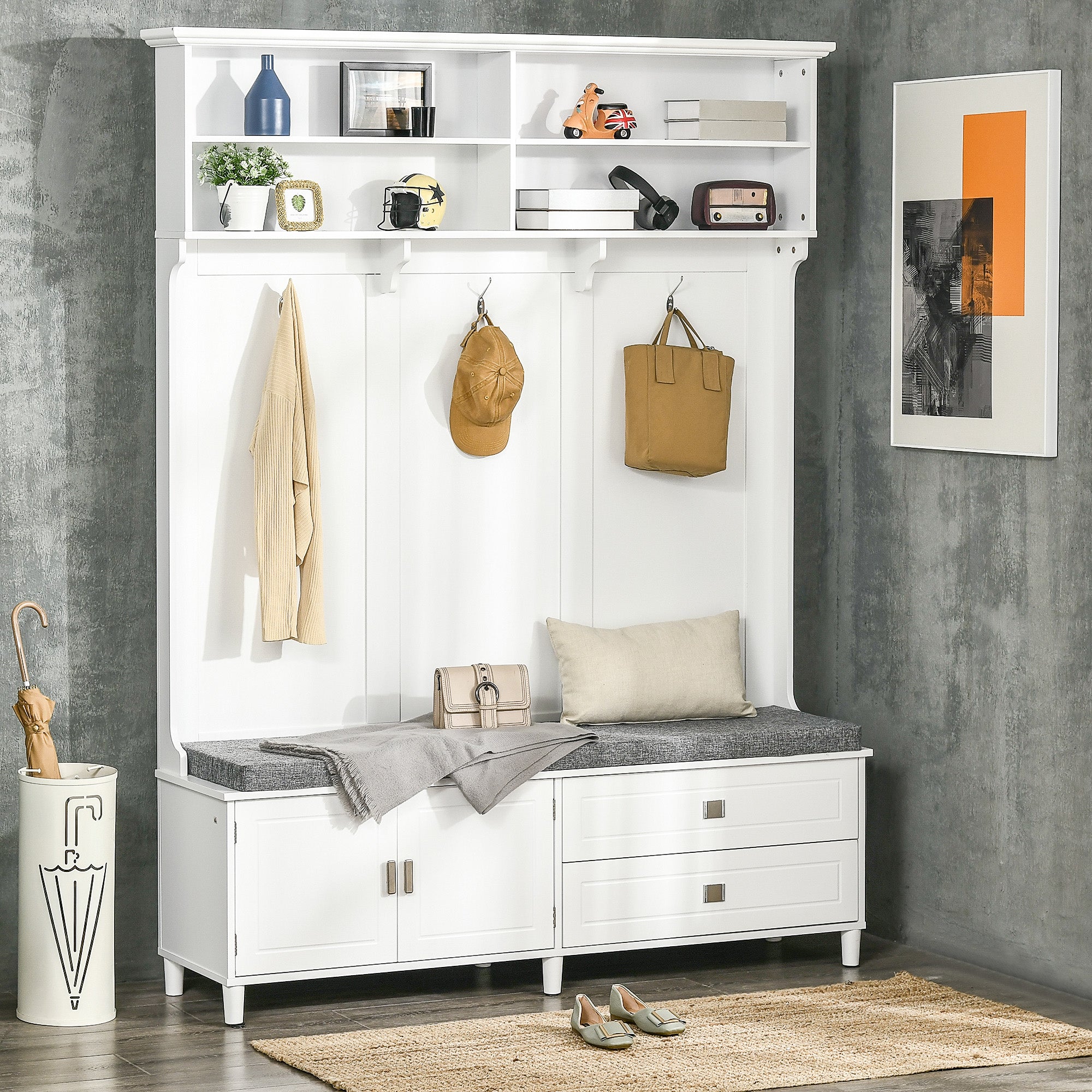 Hall Tree with Storage Bench, Entryway Bench with Coat Rack, Accent Coat Tree with Storage Shelves, White