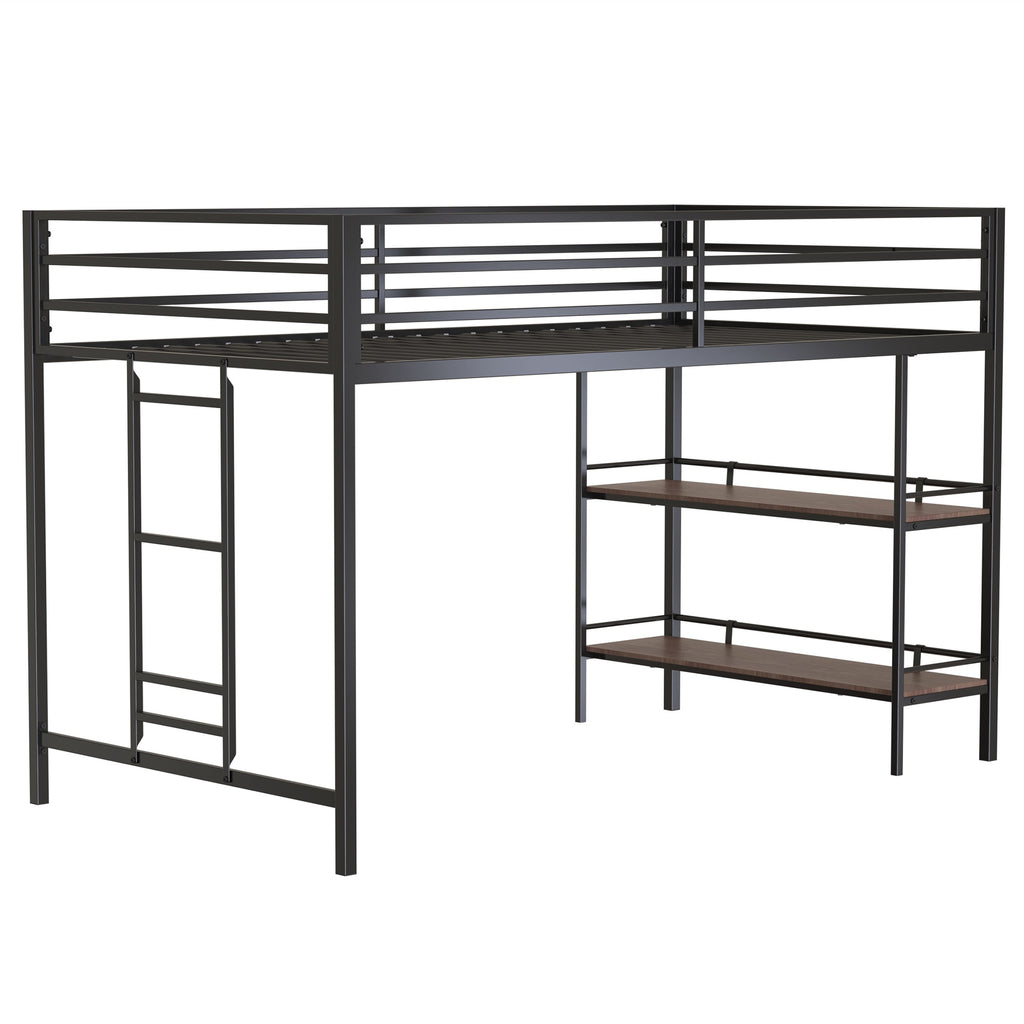 Junior Twin Loft Metal Bunk Bed Frame with Cinnamon Wood Shelf, Full-Length Guardrails, Anti-Noise Design, Easy Assembly, 76.69″ L x 40.94″ W x 49.49″ H, Black