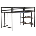 Junior Twin Loft Metal Bunk Bed Frame with Cinnamon Wood Shelf, Full-Length Guardrails, Anti-Noise Design, Easy Assembly, 76.69″ L x 40.94″ W x 49.49″ H, Black