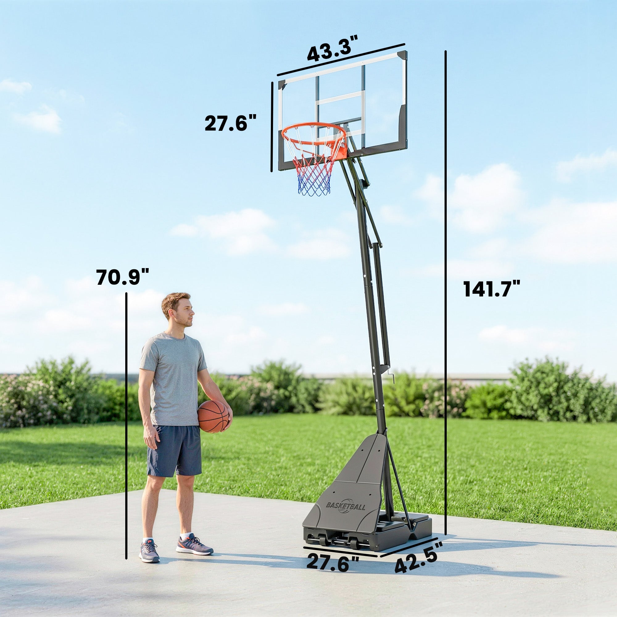 Portable Basketball Hoop Outdoor, 8-10ft Adjustable Basketball Goal, 43 Inch Shatterproof Backboard, Hand-Crank Lift