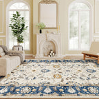 Machine Washable Area Rug 8x10, Non-Slip Boho Floral Print Floor Carpet for Living Room, Bedroom, Dining Room, Blue