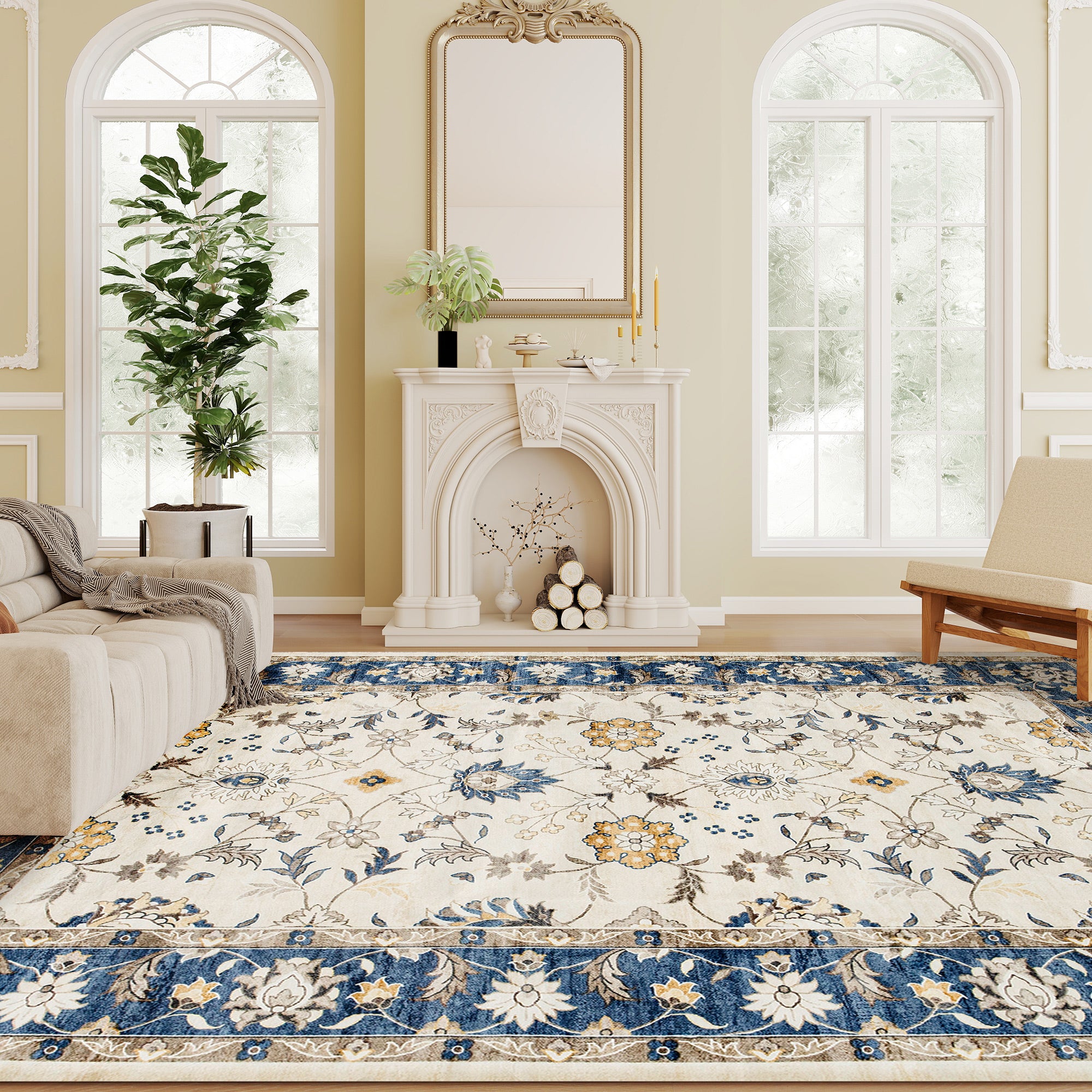 Machine Washable Area Rug 8x10, Non-Slip Boho Floral Print Floor Carpet for Living Room, Bedroom, Dining Room, Blue