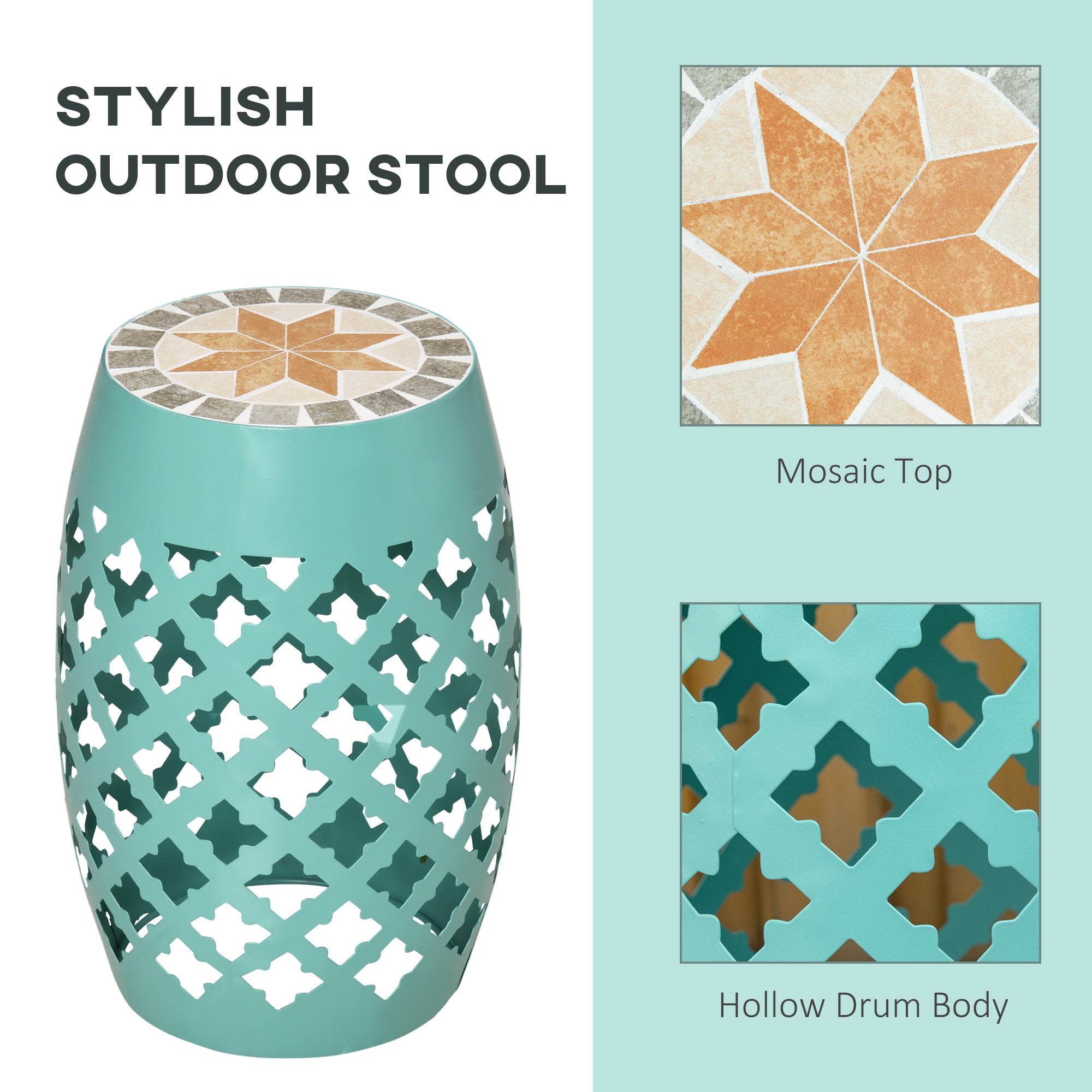 Decorative Outdoor Stool, 12" Round Patio Side Table, Mosaic Accent Plant Stand for Garden, Balcony, Blue