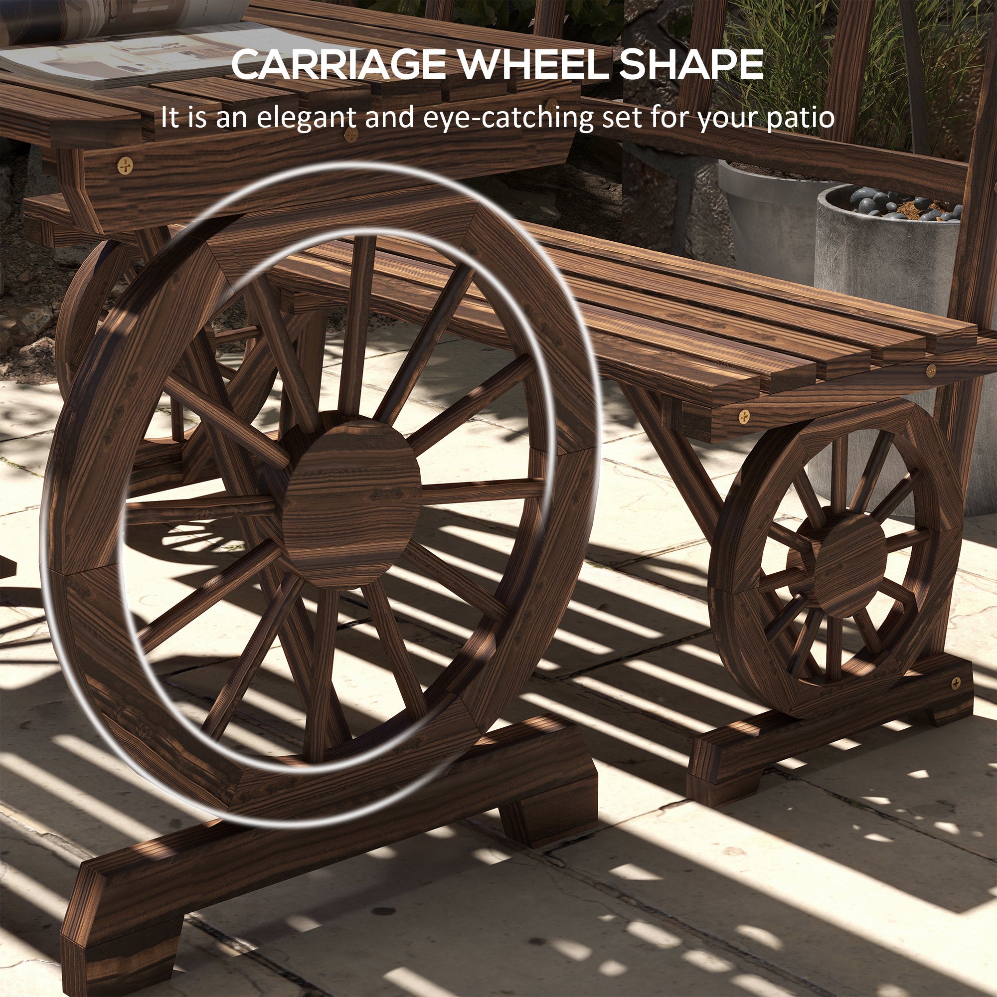 Patio Table and Chairs for 4 People, Wagon Wheel Design, Outdoor Furniture Set for Backyard, Garden, Carbonized