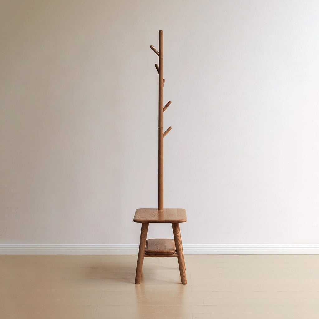 Solid Shoe Bench with Coat Rack and Solid Oak Construction, Modern Hall Tree for Living Space, 31.5″ L x 13.5″ W x 65.5″ H, Walnut