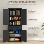 72" Kitchen Pantry Storage Cabinet, Cupboard with 4 Doors and 3 Adjustable Shelves, Large Central Drawer, Black