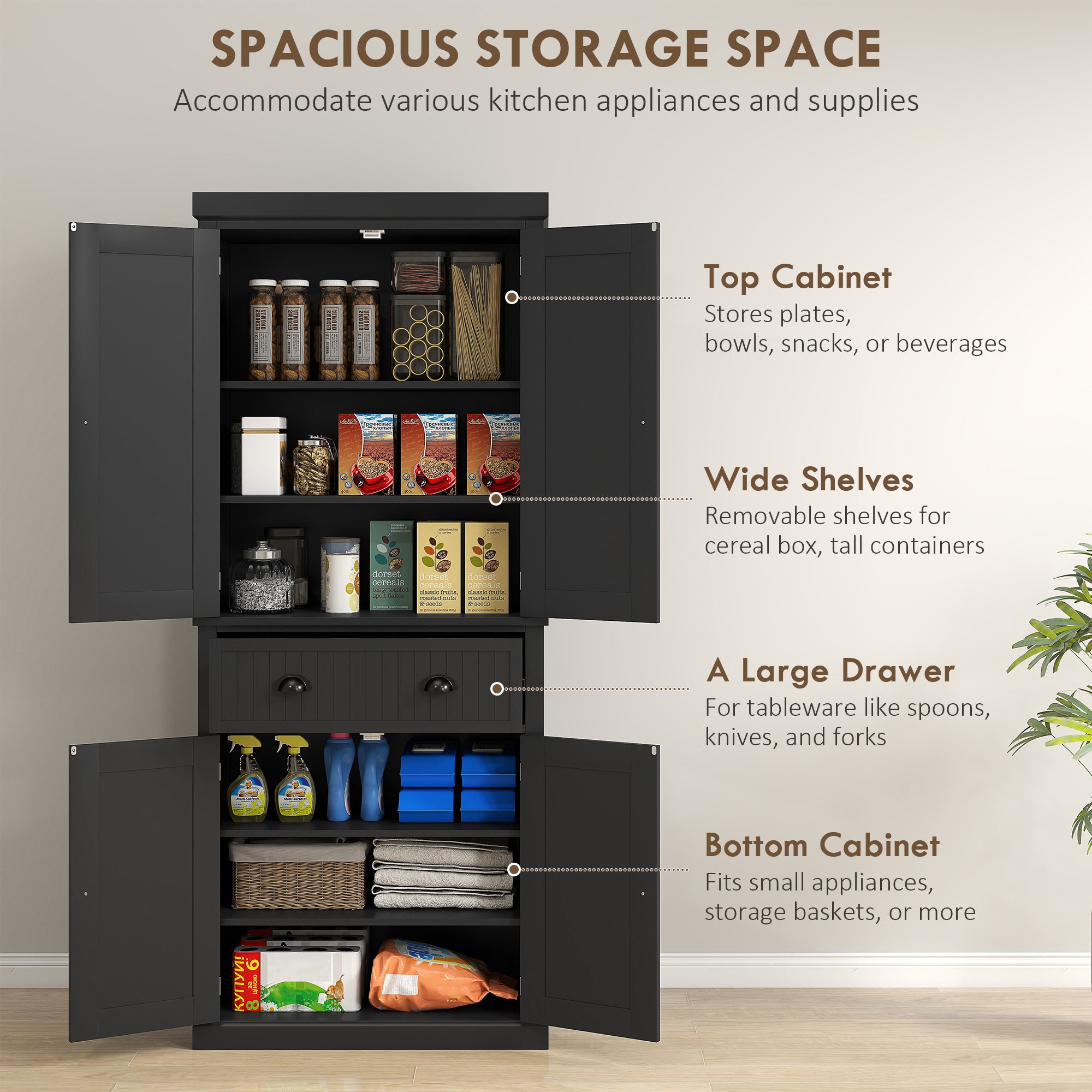 72" Kitchen Pantry Storage Cabinet, Cupboard with 4 Doors and 3 Adjustable Shelves, Large Central Drawer, Black