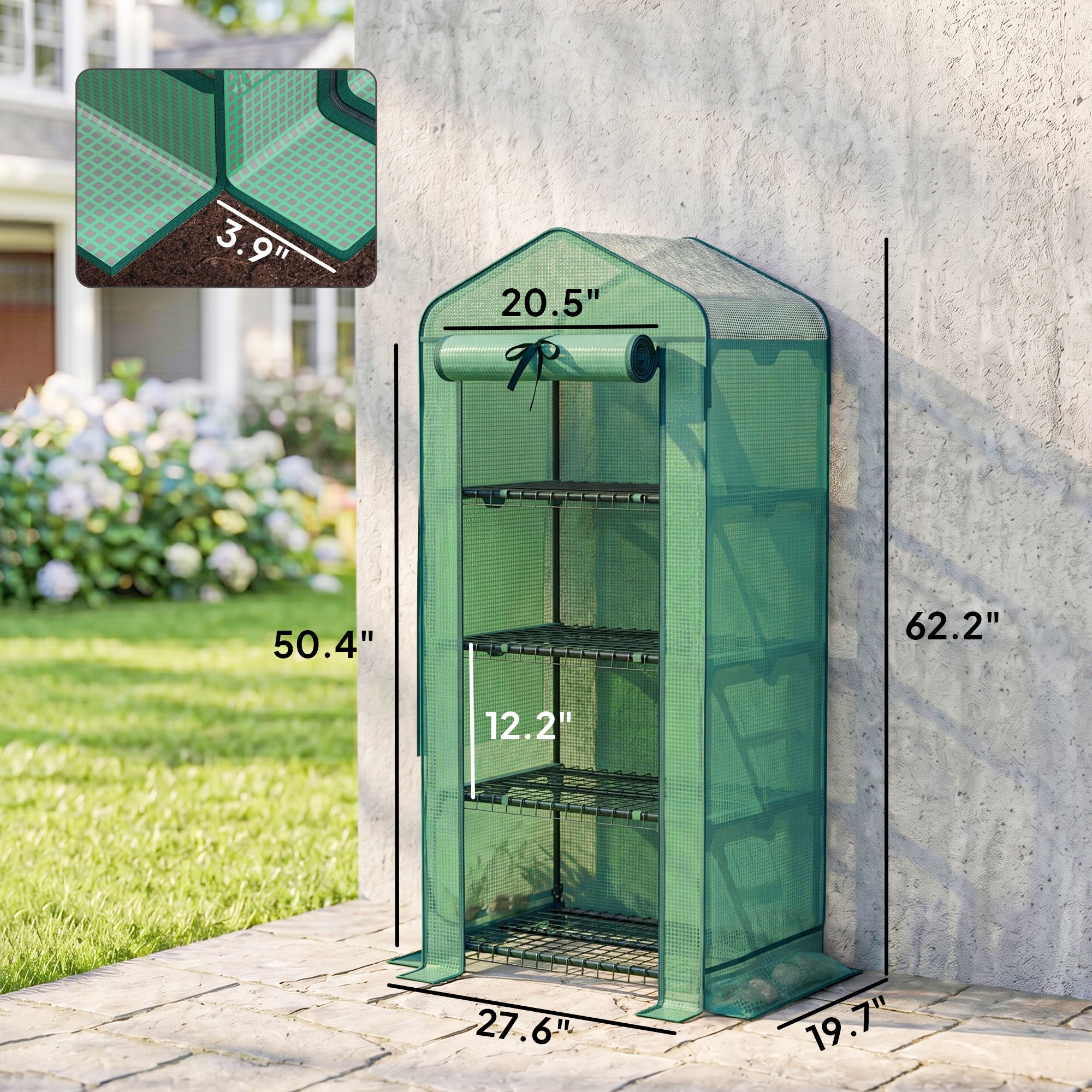 Mini Greenhouse with Screen Roof, 4 Tier Portable Small Greenhouse with High Strength PE Cover, Green