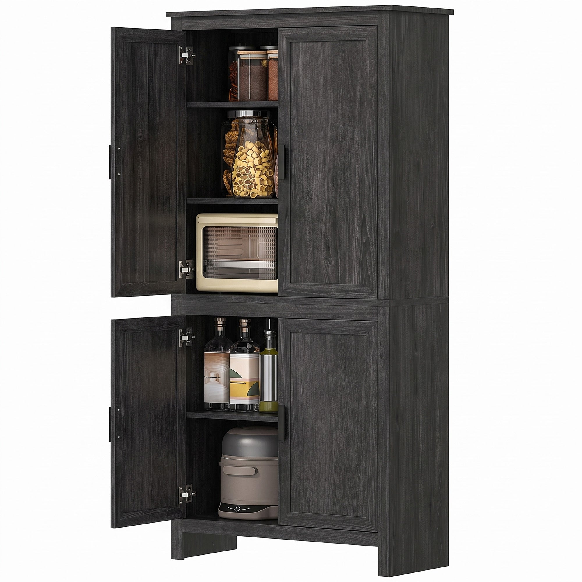 64" 4-Door Kitchen Pantry, Freestanding Storage Cabinet with 3 Adjustable Shelves for Kitchen, Gray Oak