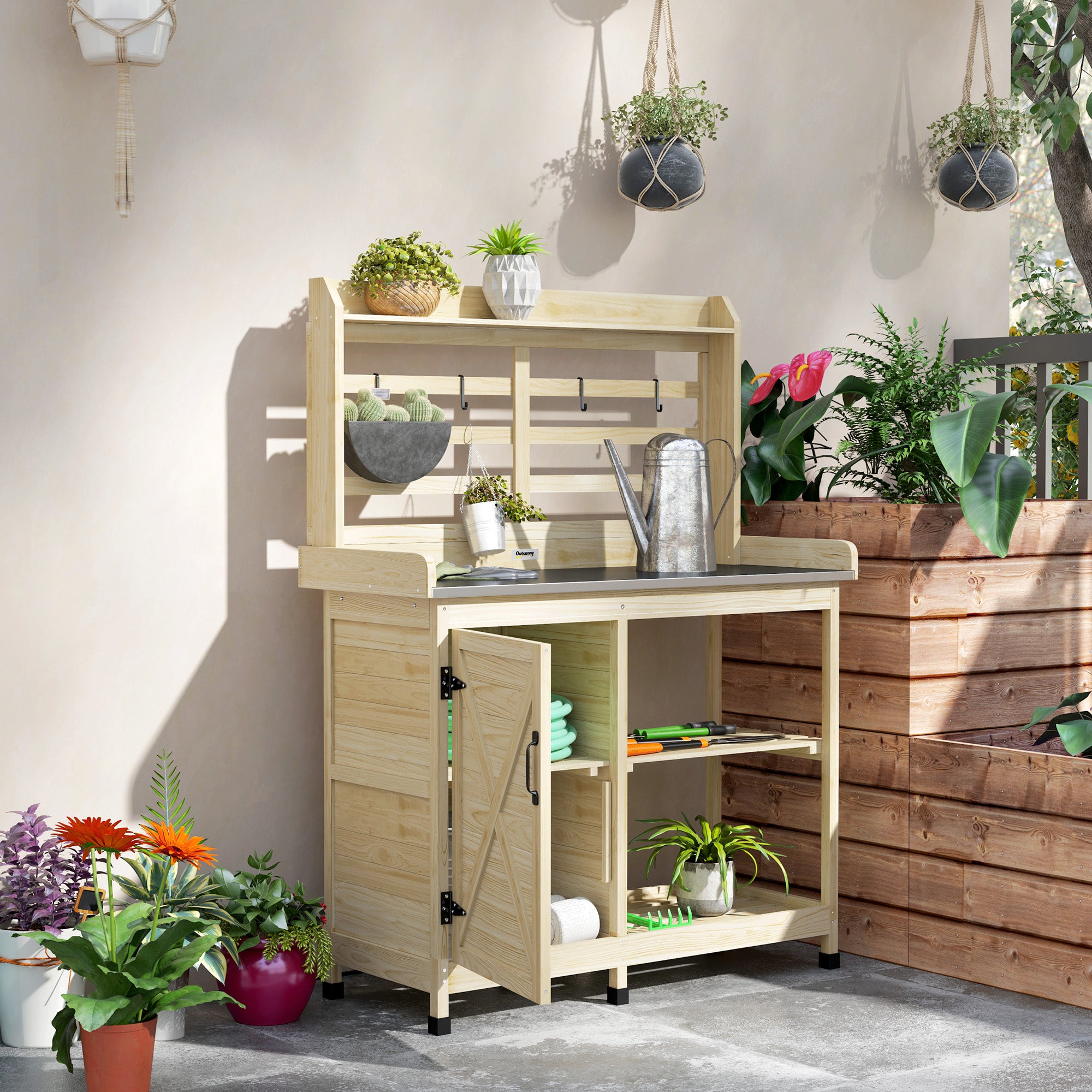 Wooden Potting Bench with Storage, Aluminum Tabletop for Backyard, Patio, Balcony, Natural