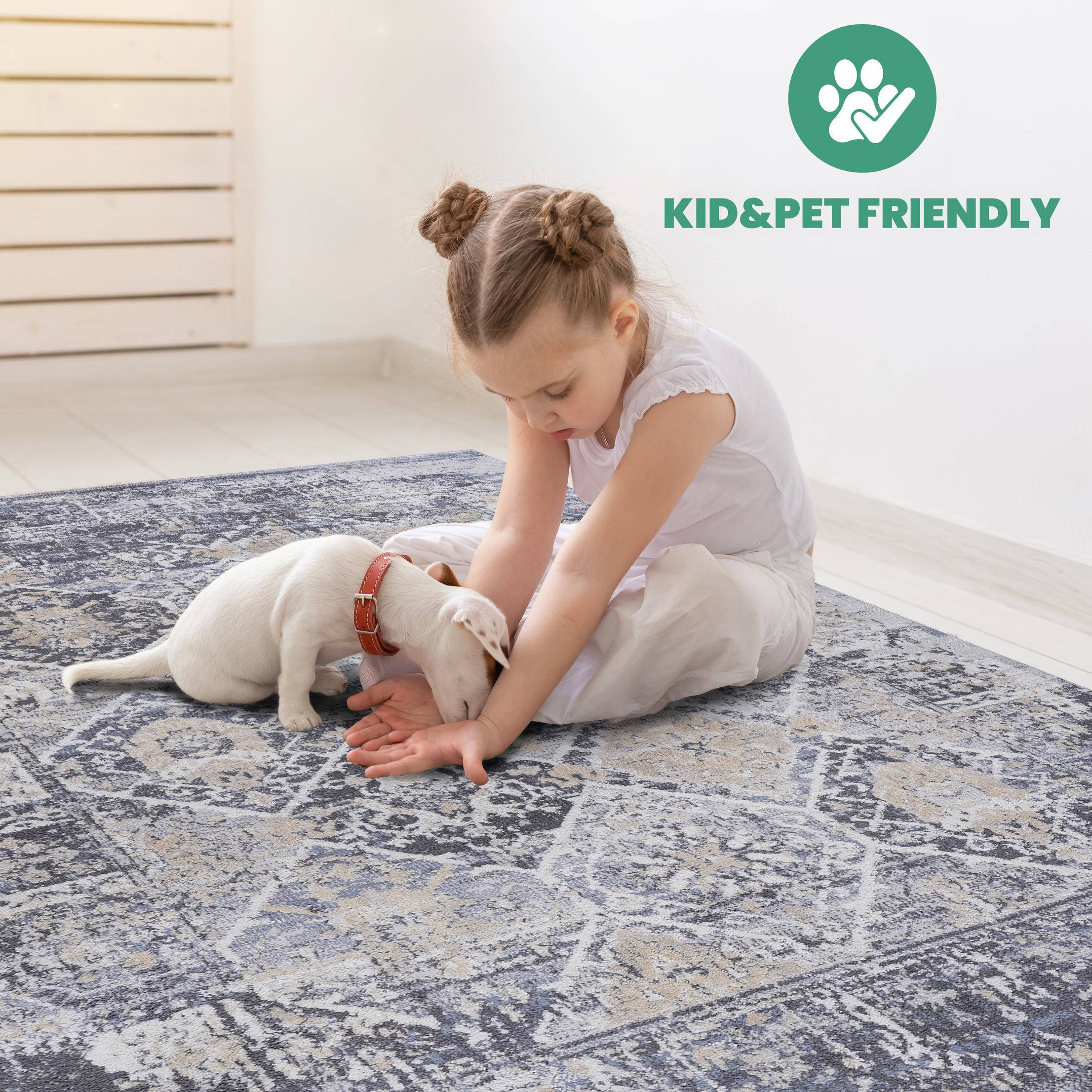 Naar 5x7 Traditional Stain-Resistant Area Rug with Cotton Backing, Medium Pile Height, Kid and Pet-Friendly Carpet, 90" L x 63" W x 0.3" H, Gray+Blue