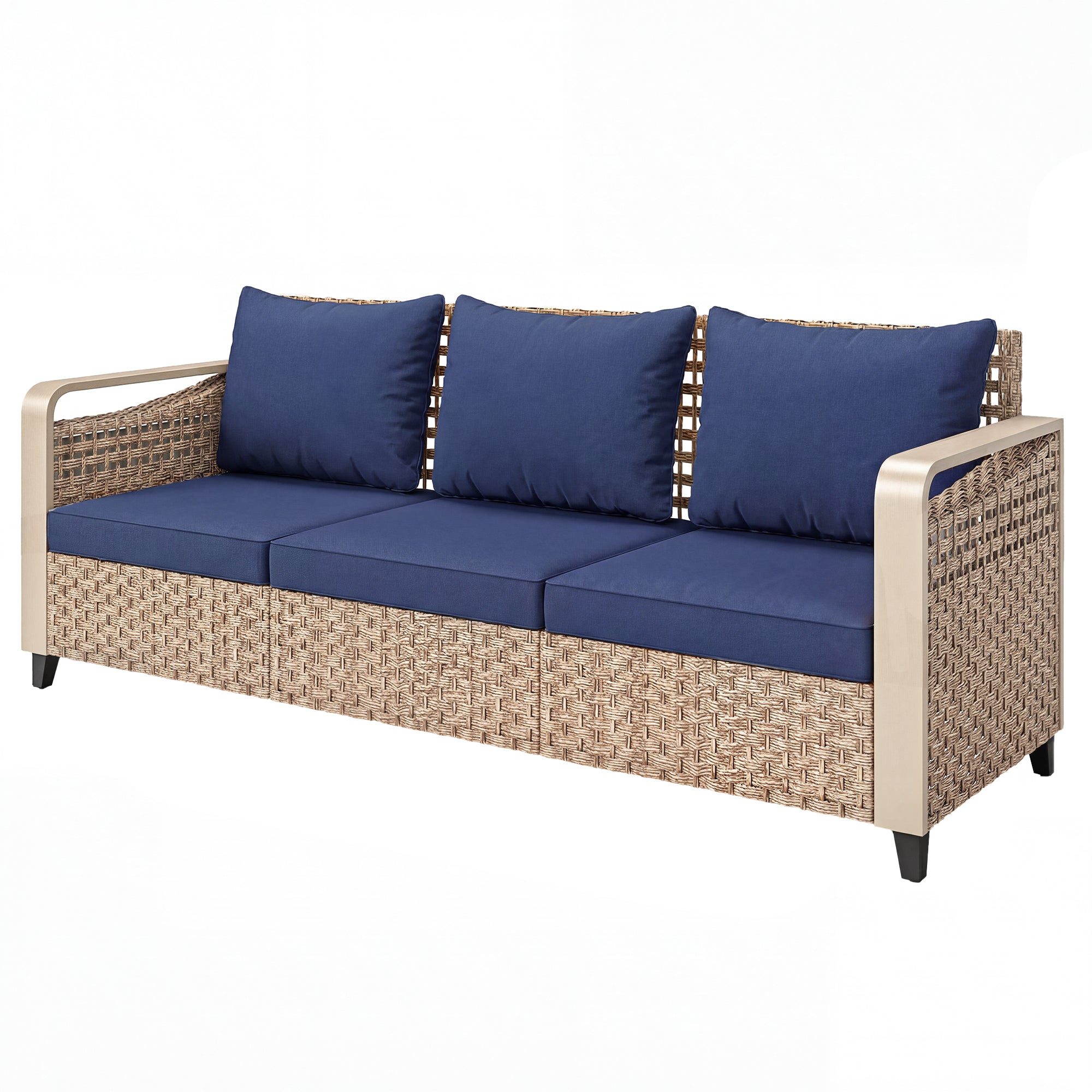 Rattan Wicker Sofa 3-Seater Outdoor Patio Sofa with Cushions for Garden Backyard Porch Dark Blue