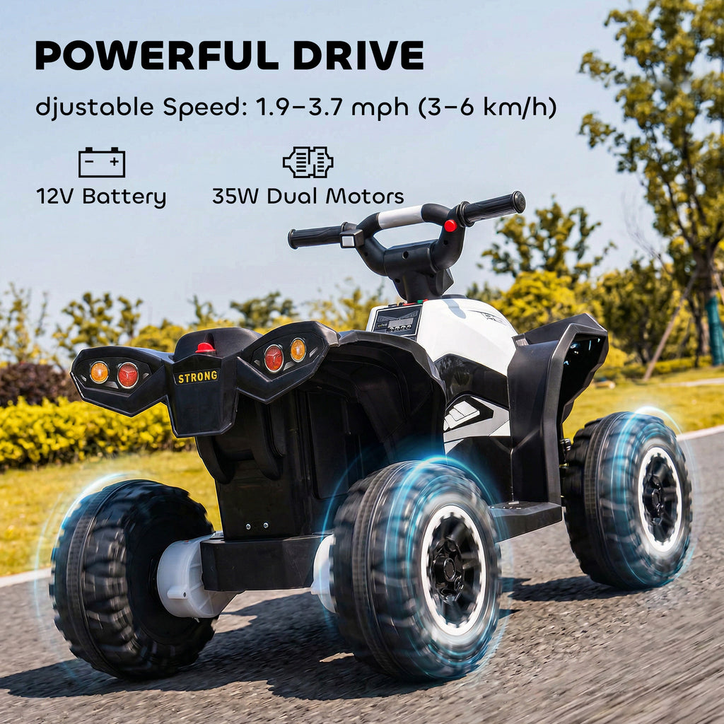 Kids ATV 4 Wheeler, 12V Kids Ride On Toy with Dual Motors, High & Low Speed, Music, Headlights, Up to 3.7 MPH, White