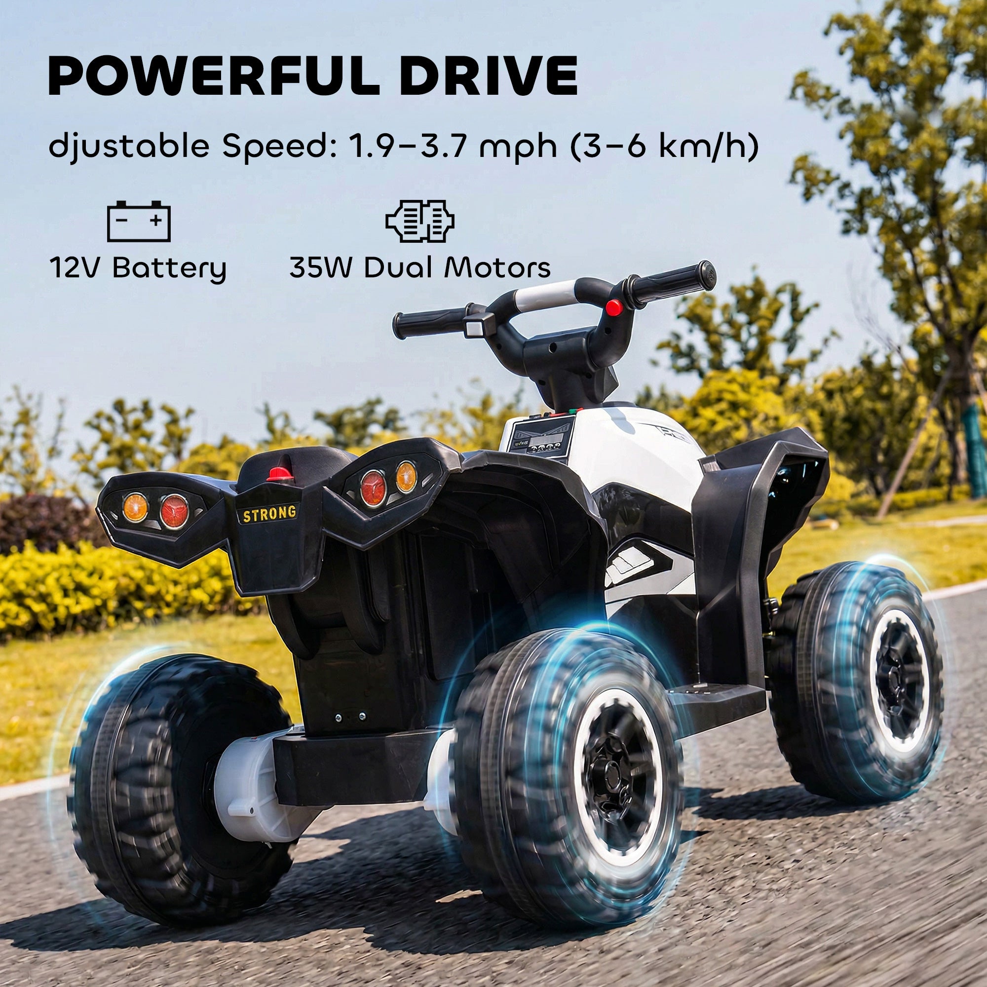 Kids ATV 4 Wheeler, 12V Kids Ride On Toy with Dual Motors, High & Low Speed, Music, Headlights, Up to 3.7 MPH, White