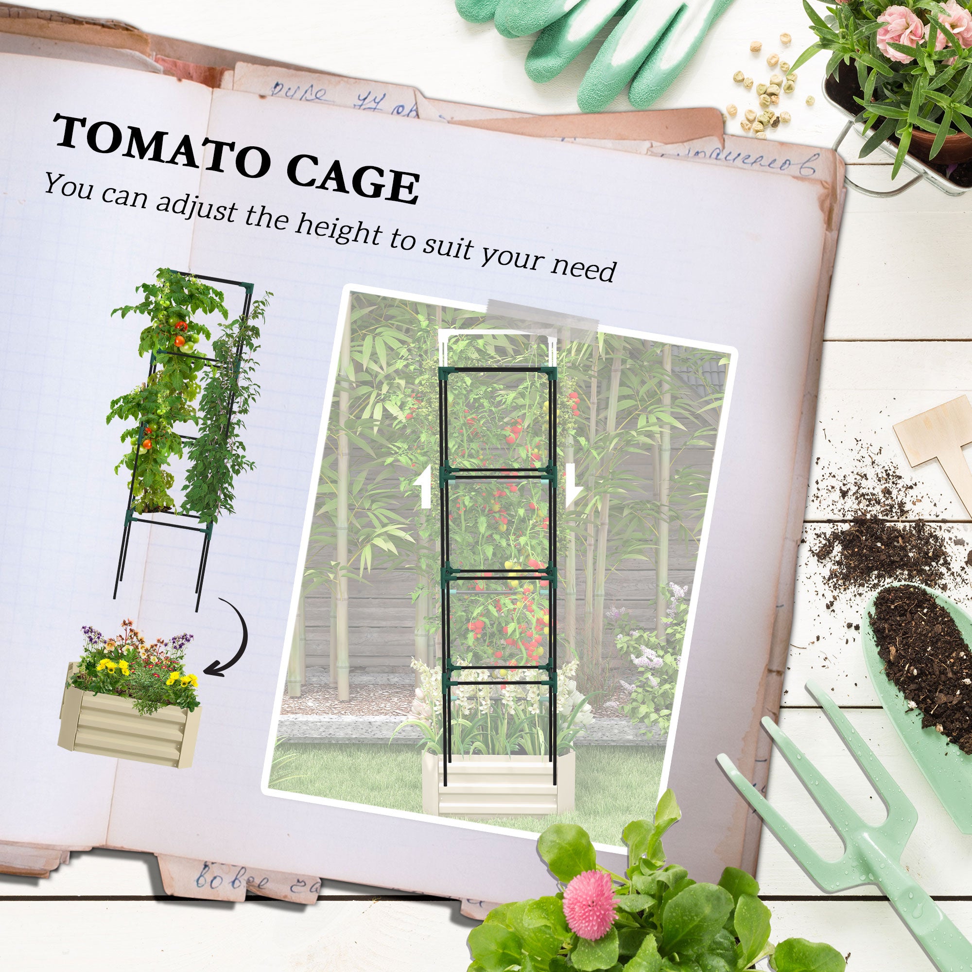 Galvanized Planter Box, 24" x 24" x 73.5" Raised Garden Bed with Tomato Cage for Climbing Vines, Cream