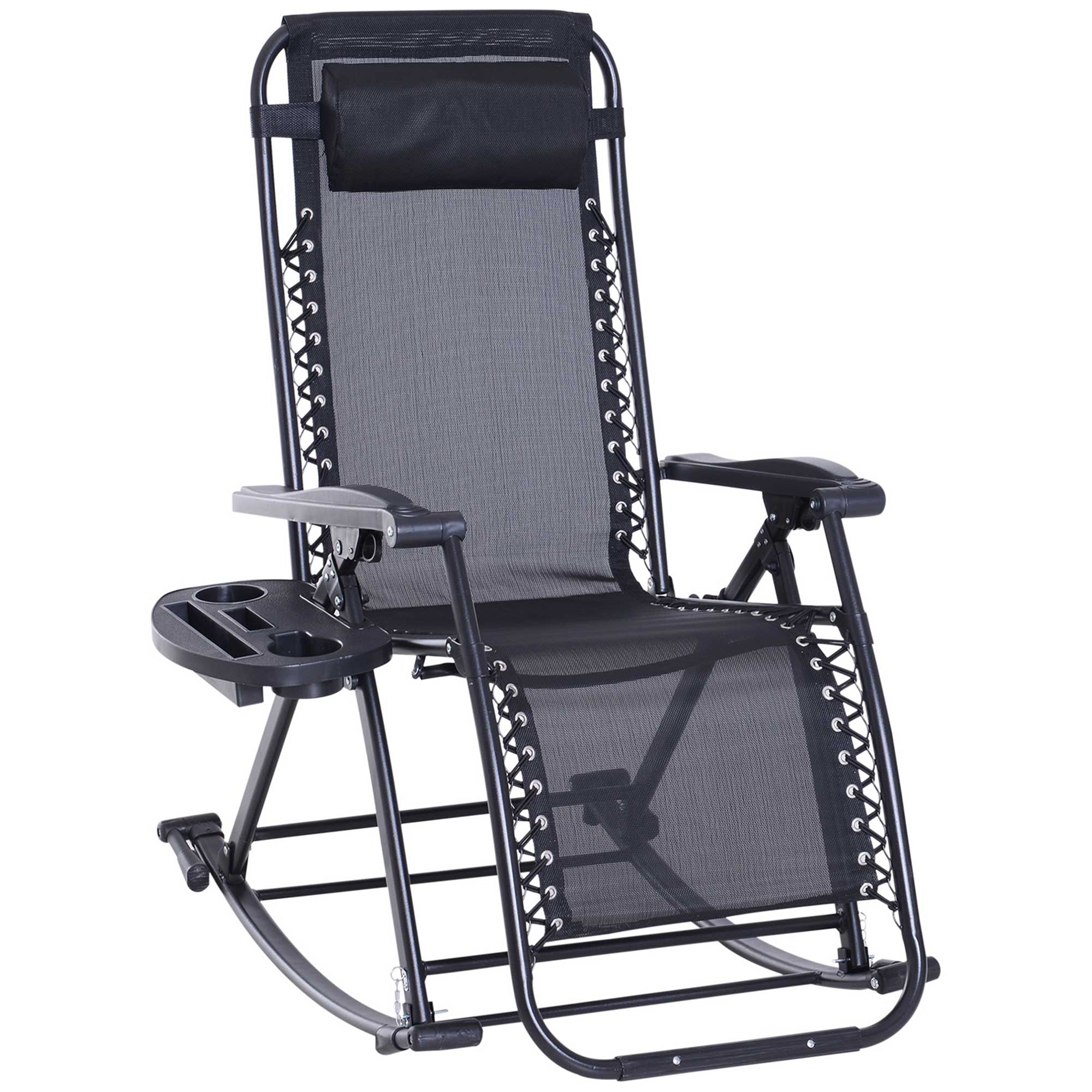 Outdoor Rocking Chairs, Foldable Reclining Zero Gravity Lounge Rocker with Pillow, Cup & Phone Holder, Combo Design with Folding Legs, Black