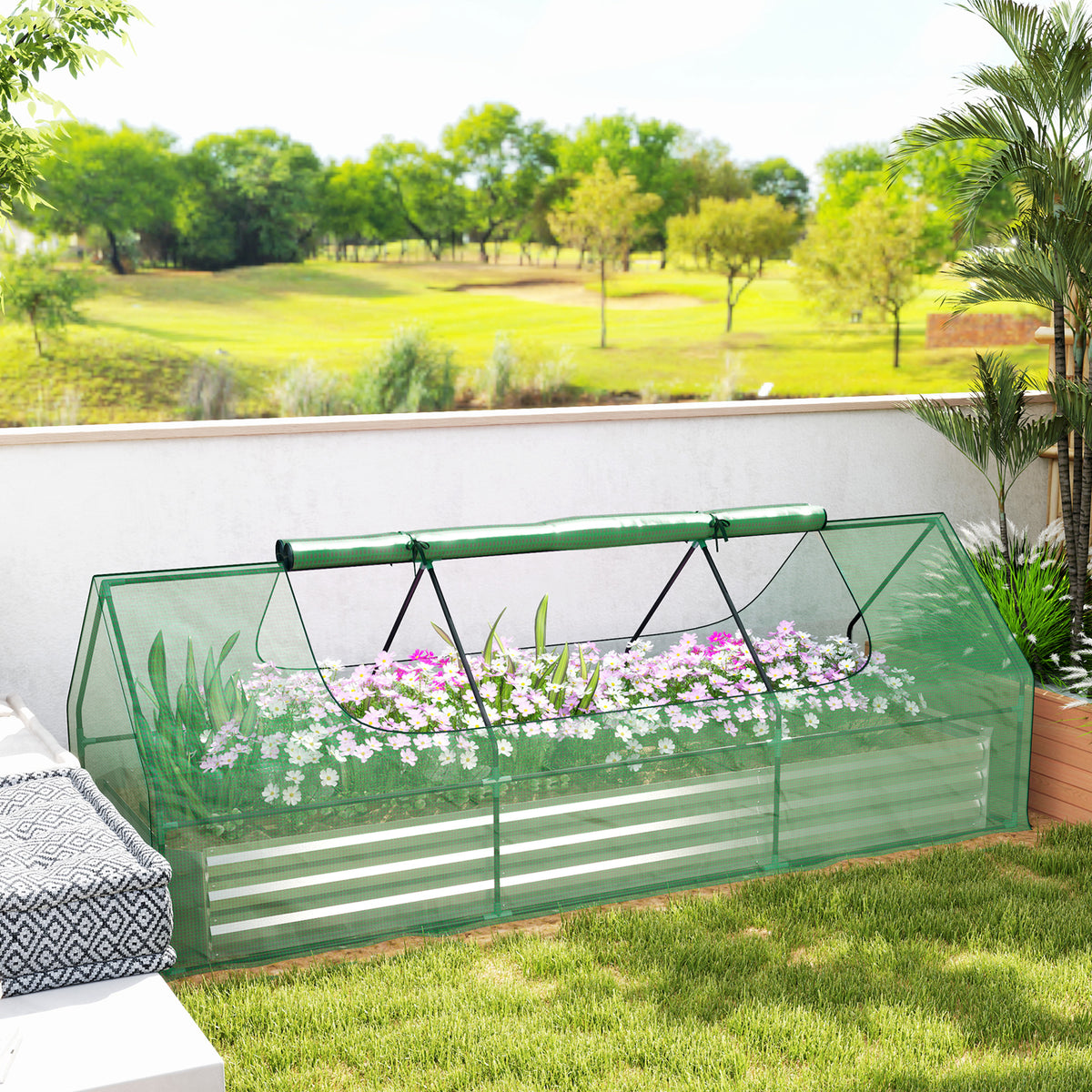 8.6 x 3 x 1ft Metal Planter Box with Mini Greenhouse, Galvanized Raised Garden Bed with Cover for Herbs and Vegetables, Small Greenhouse for Patio Garden Balcony, Green and Silver