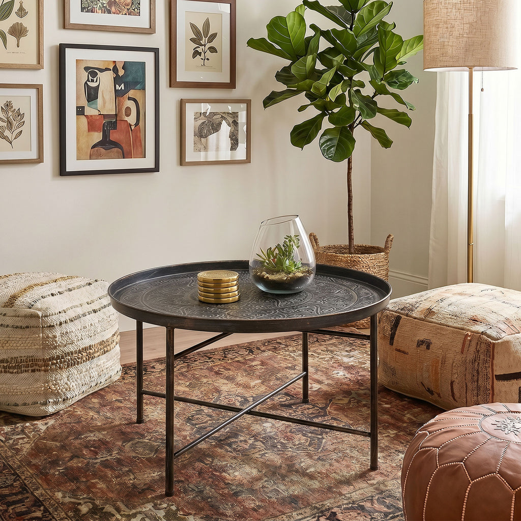 Coffee Table for Living Room, 24" Round Center Table with Hammered Tray Top and Metal Frame for Bedroom, Pewter
