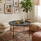 Coffee Table for Living Room, 24" Round Center Table with Hammered Tray Top and Metal Frame for Bedroom, Pewter