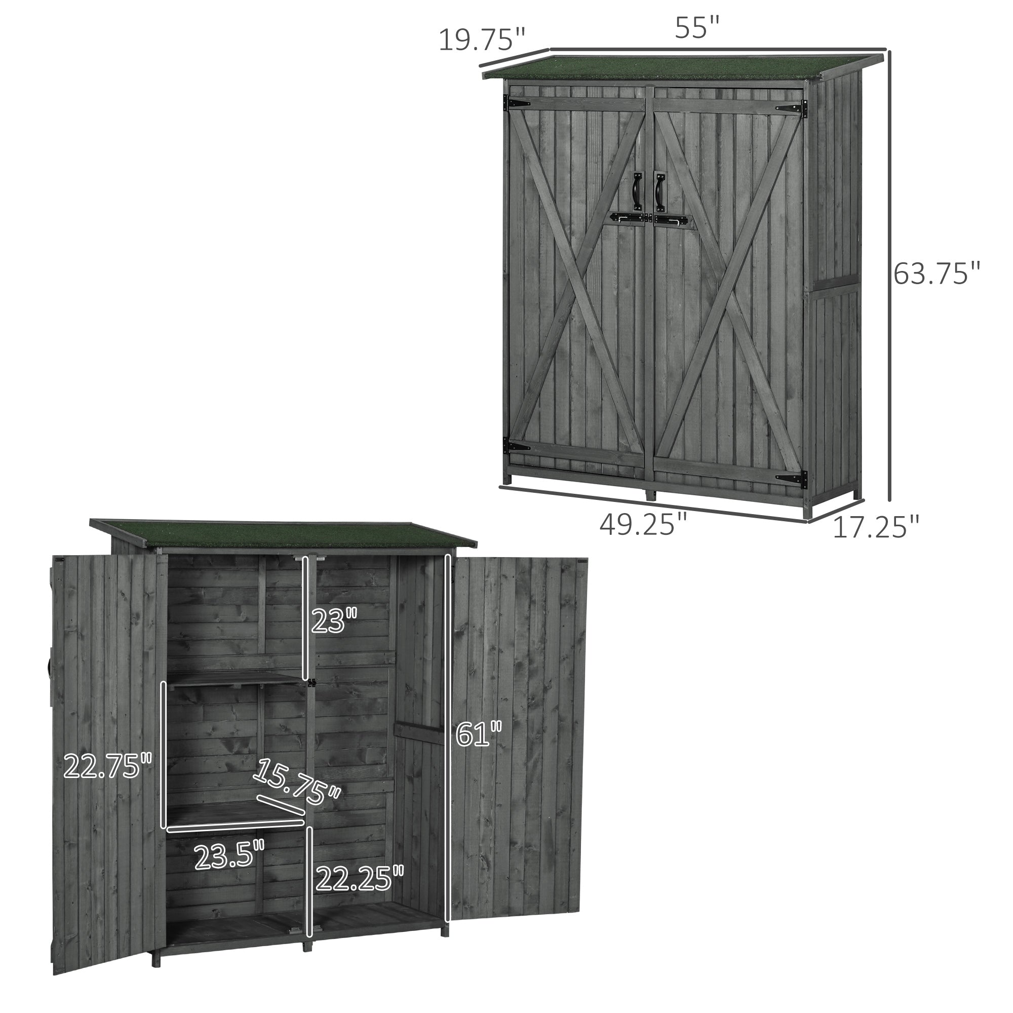 Outdoor Storage Cabinet Wooden Garden Shed Utility Tool Organizer with Waterproof Asphalt Rood, Lockable Doors, 3 Tier Shelves for Lawn, Backyard, Gray